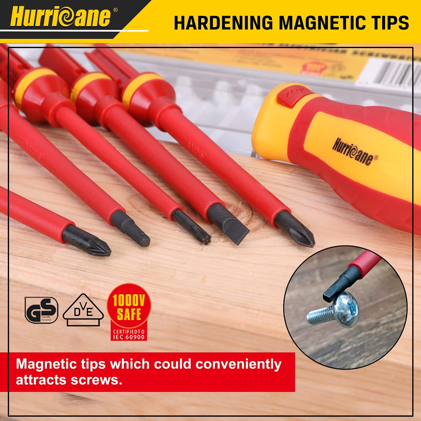 HURRICANE 1000V Insulated Screwdriver Set, 15 Piecse Professional Insulated Electrician Screwdriver Set, CR-V Magnetic Tips, Square(Robertson) Phillips Slotted Pozi Torx Insulated Electrician Tool Kit
