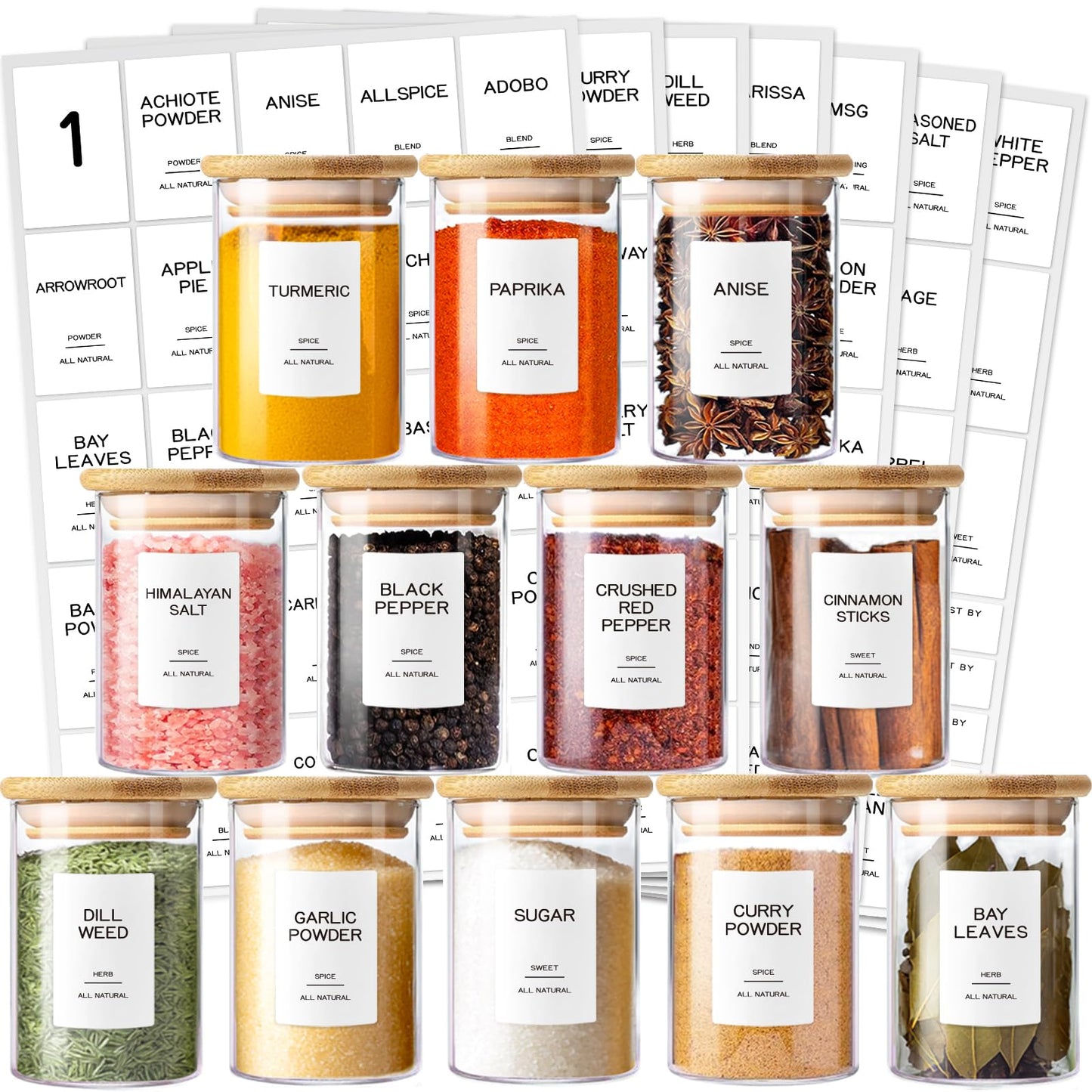 Kuocodall 12 Pcs Glass Spice Jars with Bamboo Airtight Lids & 201 Labels - 8oz Small Empty Food Storage Containers for Kitchen, Seasonings, Herbs, Salt