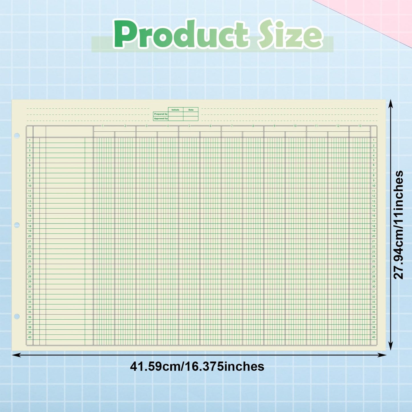 Fulmoon 5 Pack 250 Sheets Ledger Paper Accounting Columnar Pads 3 Hole Analysis Accounting Ledger Book for Business, 50 Sheets/Pack, Single Page Format, Green(16.375 x 11 Inch,13 Columnar)