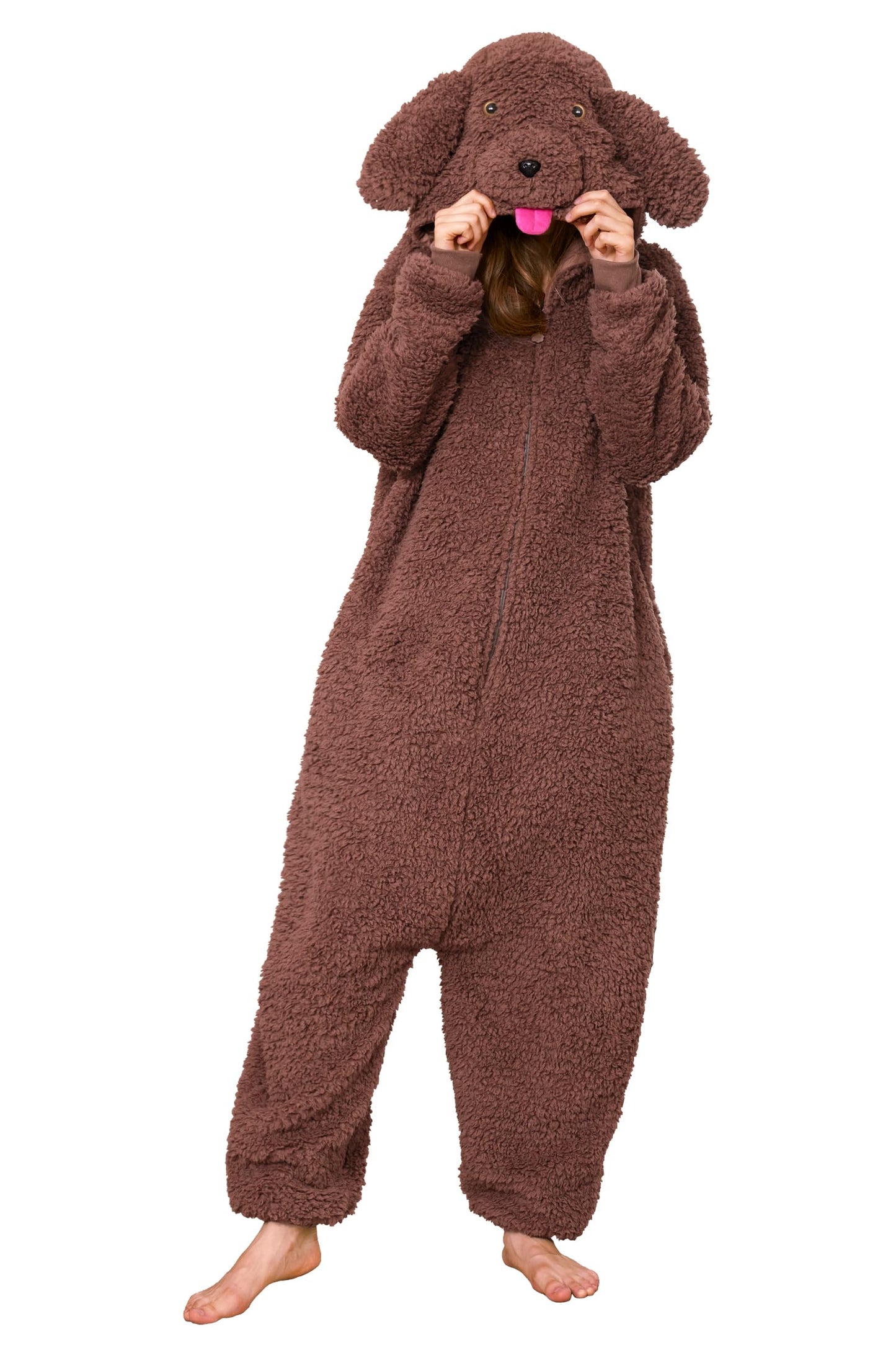 Loiahoer Unisex Animal Poodle Puppy Dog Costume Onesie Pajamas Halloween Costume Christmas Pajamas Gifts for Women & Men, Brown, Medium