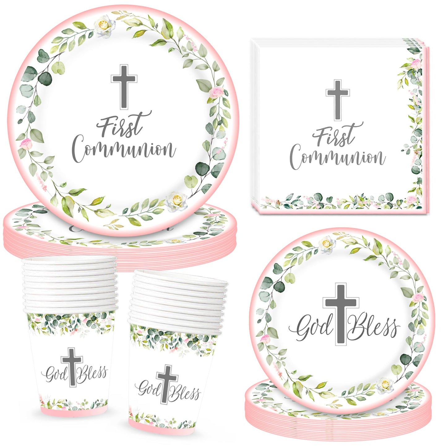 First Communion Decorations, Paper Plates,Napkins and Cups (Serves 25), First Communion Decorations for Girls,First Holy Communion Decorations