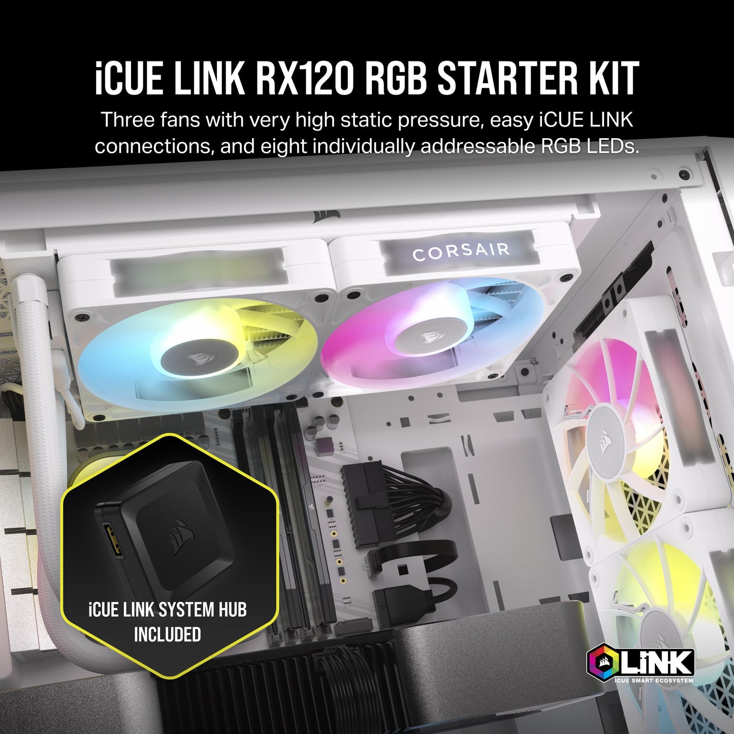 CORSAIR iCUE Link RX120 RGB 120mm PWM Fans with iCUE Link System Hub - Magnetic Dome Bearing - Triple Pack - White