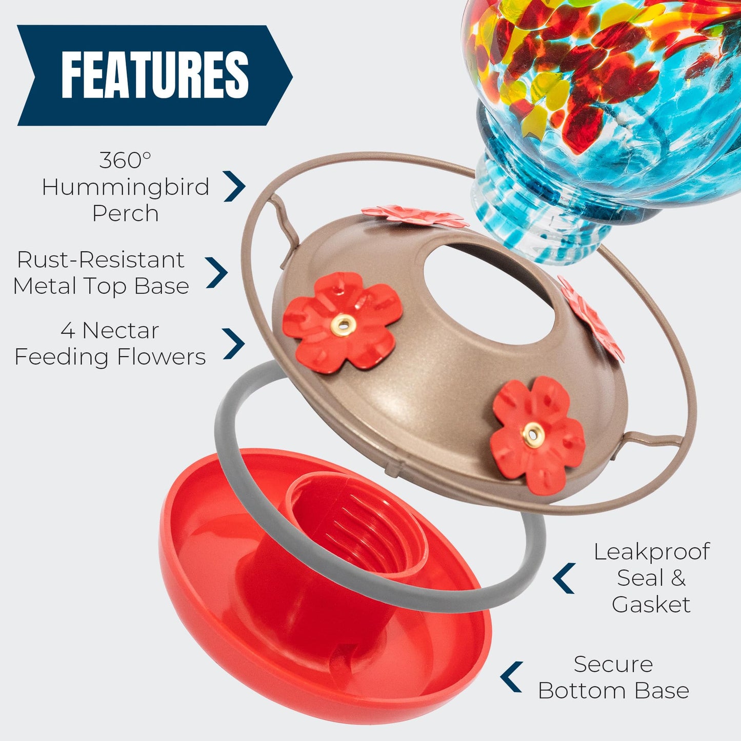 MEKKAPRO Glass Hummingbird Feeder, Hanging Hummingbird Feeders for Outdoors, 4 Feeding Ports, Glass Hummingbird Feeders for Outdoors Hanging, Includes S-Hook and Cleaning Brush (Flower, Sky Blue)