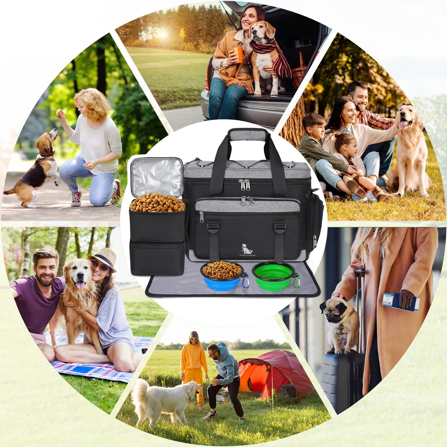 IGOLUMON Dog Travel Bag Weekend Pet Travel Bag Set for Supplies Large Dog Camping Kit Airline Approved Tote Organizer with Multi Pockets, 2 Large Food Containers, 2 Dog Bowls, 1 Feeding Mat