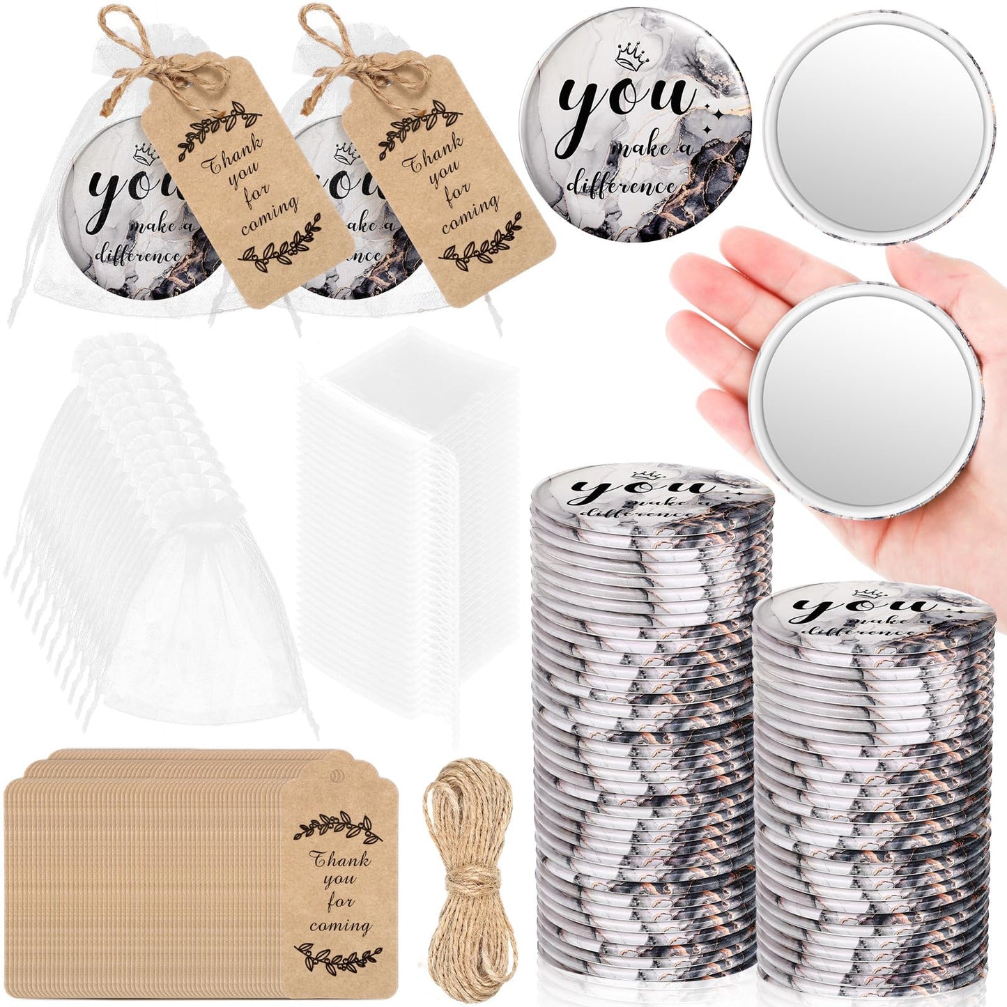 Tradder 50 Sets Compact Mirrors Bulk Women Gifts Inspirational Appreciation Employee Quinceanera Gifts Small Purse Pocket Makeup Mirrors for Mother's Day Coworker Nurse Bridal Souvenir Bag(Black)
