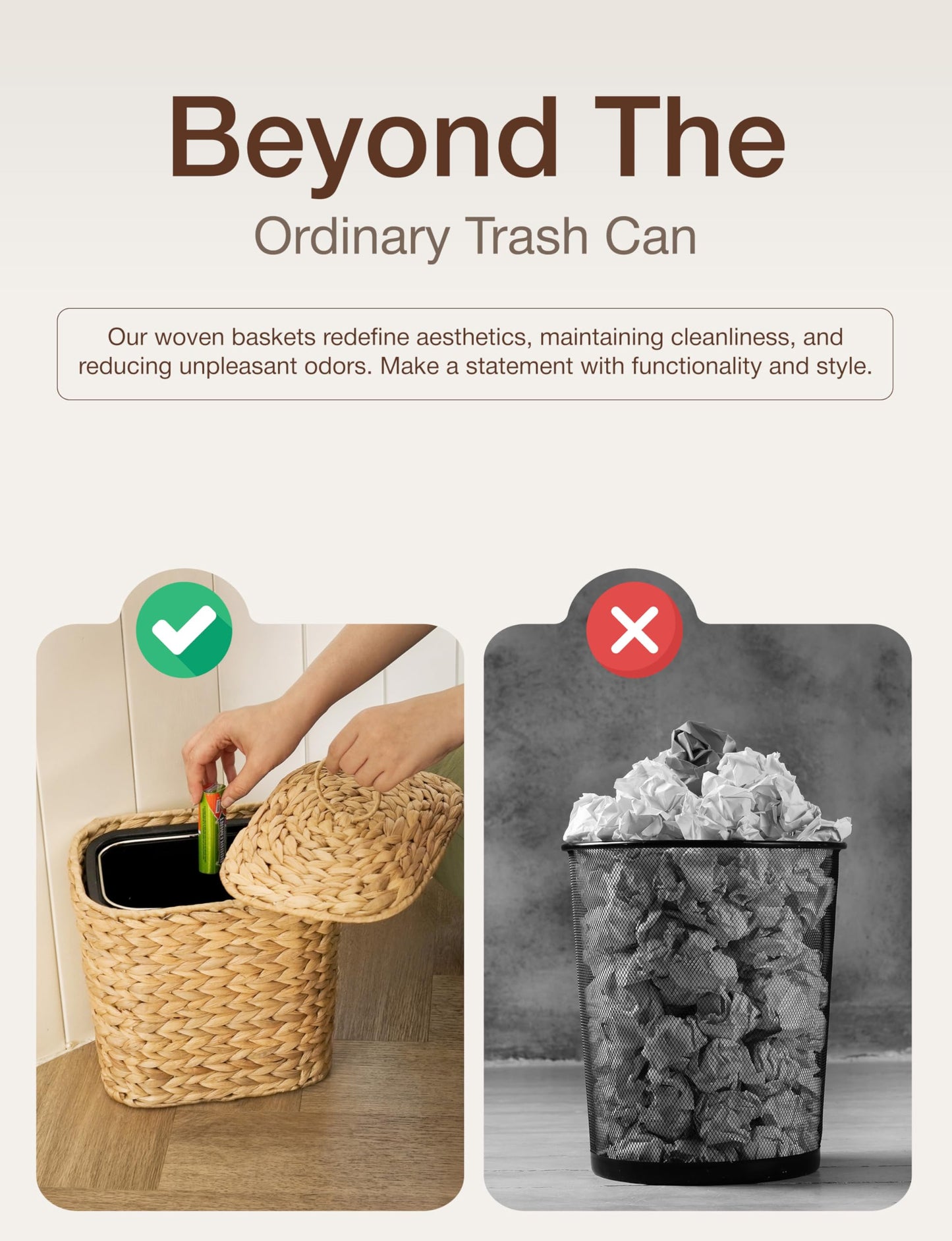 Tidita 5 Liters Wicker Waste Basket with Lid - Large Wicker Trash Can for Office - Waste Basket for Bedroom, Bathroom, Kitchen, Living Room - Boho Handwoven Trash Cans for Garbage