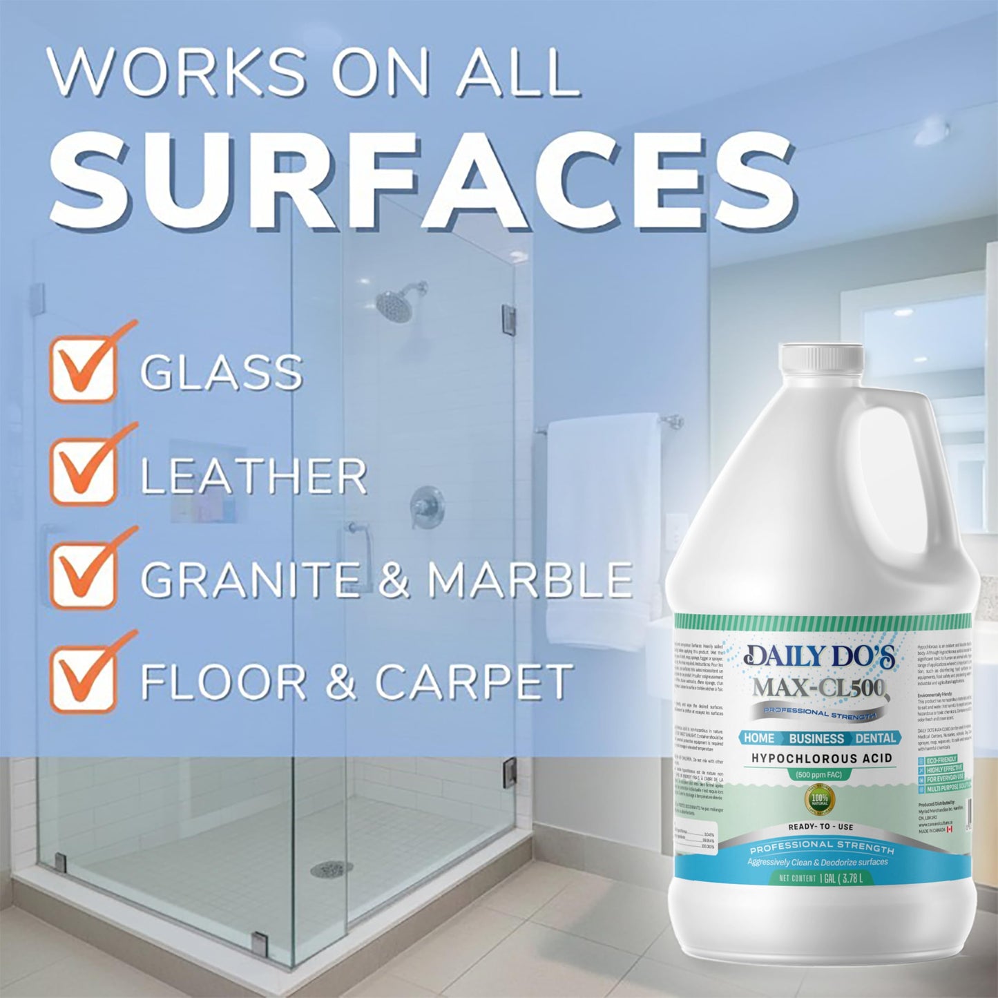 DailyDo's Hypochlorous Acid (HOCl) Cleaning & Hygiene Solution | 500ppm | 4L Value Size | Professional-Grade, Alcohol-Free & Non-Staining