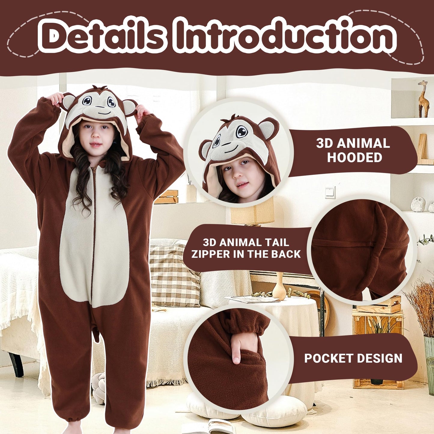 MICHLEY Unisex Halloween Animal Cosplay Costume, Zipper Hooded One Piece Pajamas for Men and Women Monkey-XL