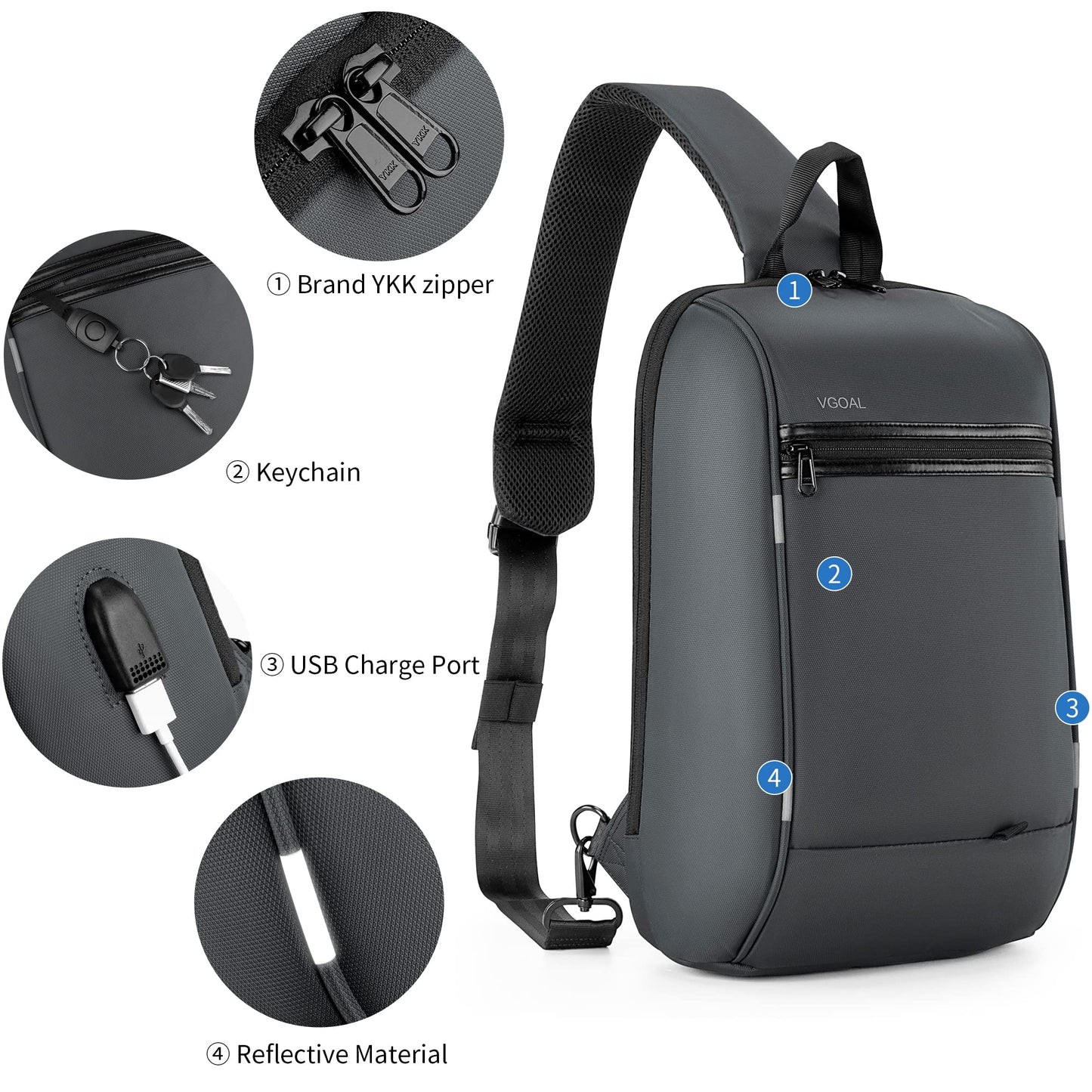 KINGSONS 13-inch anti-theft laptop sling backpack. Waterproof nylon, USB port, TSA lock, ideal for travel, hiking and camping (FG6301-Grey)