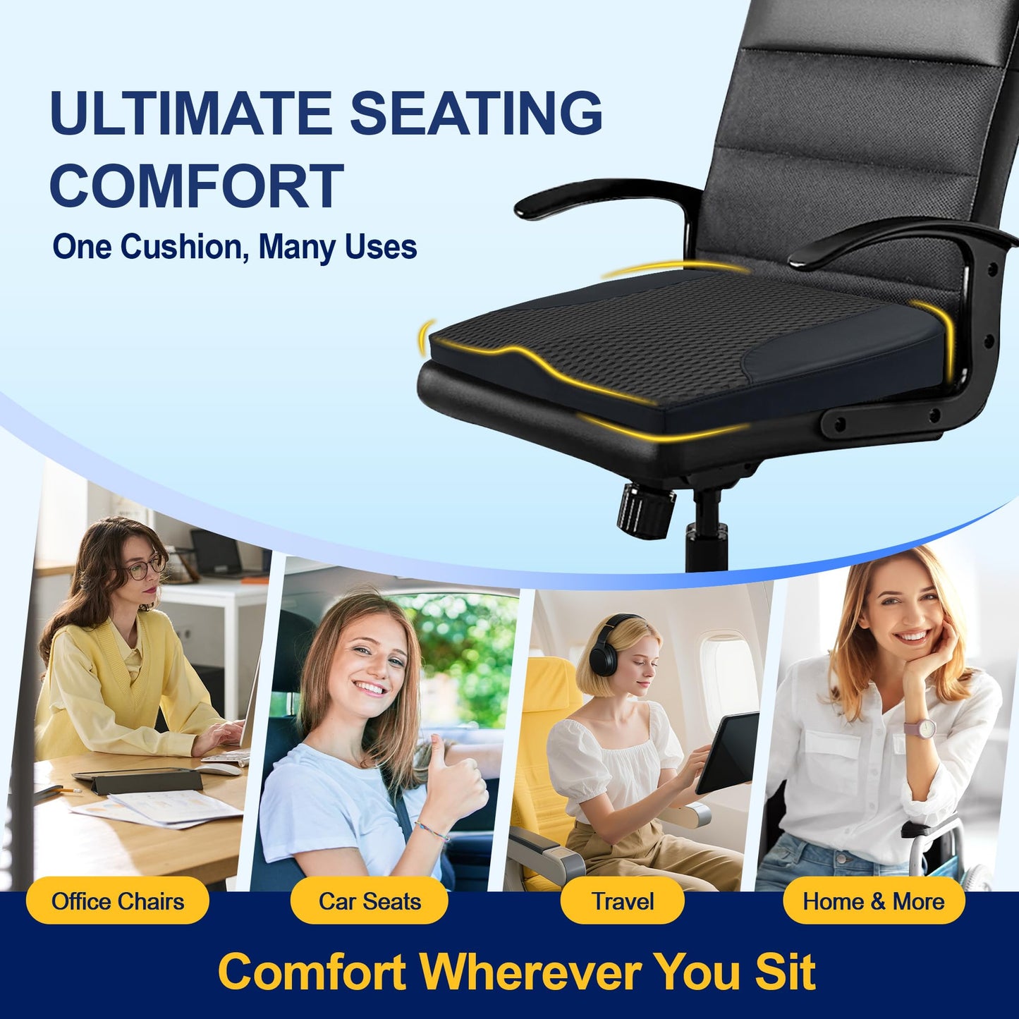 kingphenix Car Seat Cushion – Memory Foam Pad for Driving Comfort – Boosts Height and Relieves Coccyx & Lower Back Pain – Car, Truck, Office Chiar - Black