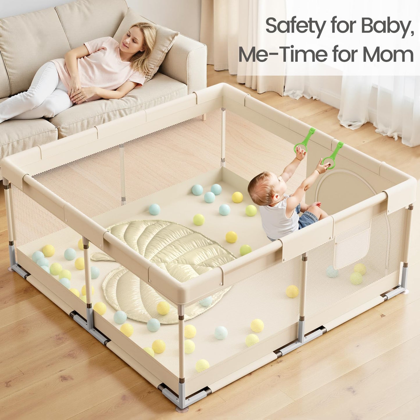 Mloong Baby Playpen for Toddler Beige - 47x47 Play pen for Babies and Toddlers,Beige Baby Play Yard,Fence Play Area Activity Center,Corral Para Bebé