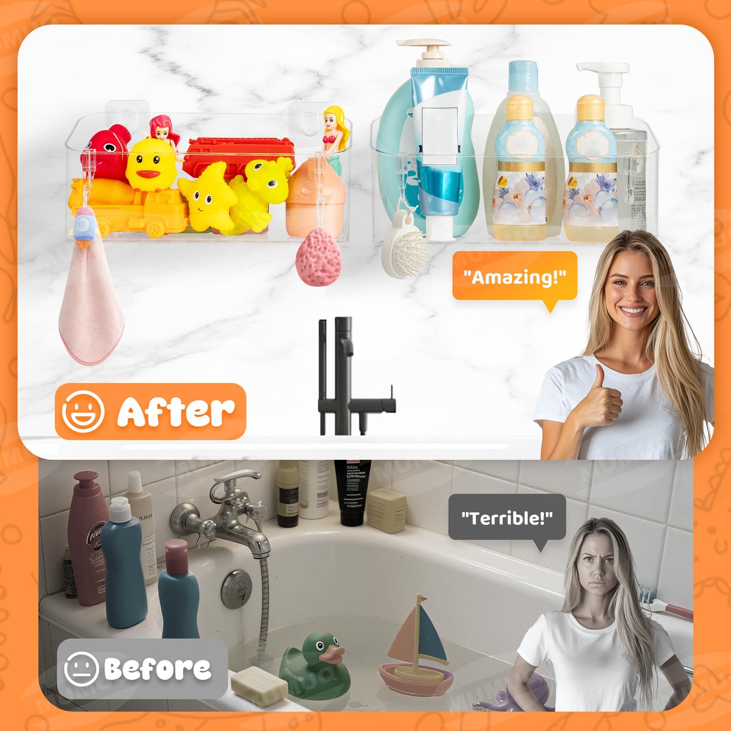 Bath Toy Storage Adhesive Shelf Shower Caddy Acrylic Shower Shelves Bathroom Organizers for Baby Bath Toys Bathtub Toy Storage Holder Large Capacity Bathroom Wall Organizer Tub Accessories, 2 Pack