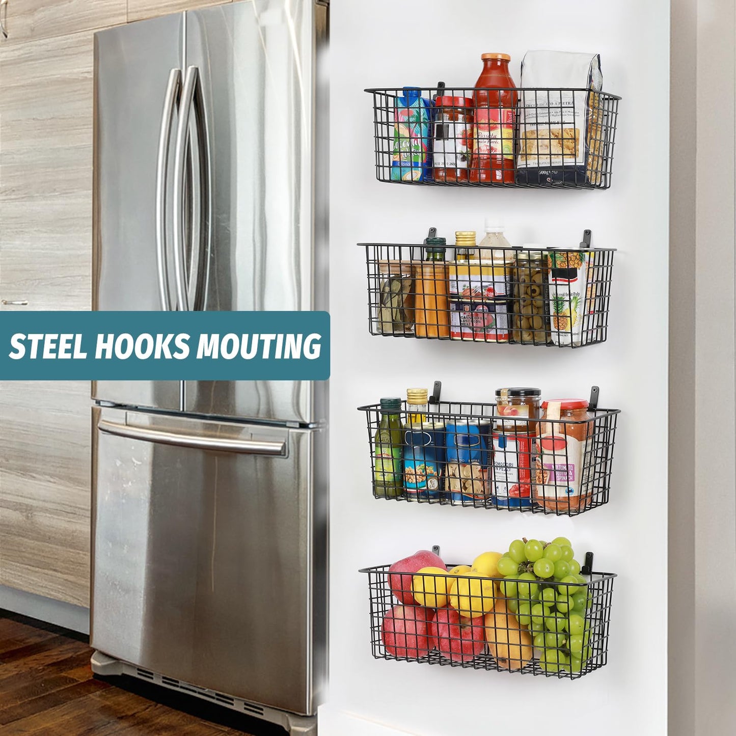 4 Set [Extra Large] Hanging Wall Basket for Storage, Wall Mount Sturdy Steel Wire Baskets, Metal Hang Cabinet Bin Wall Shelves, Rustic Farmhouse Decor, Kitchen Bathroom Organizer, Black