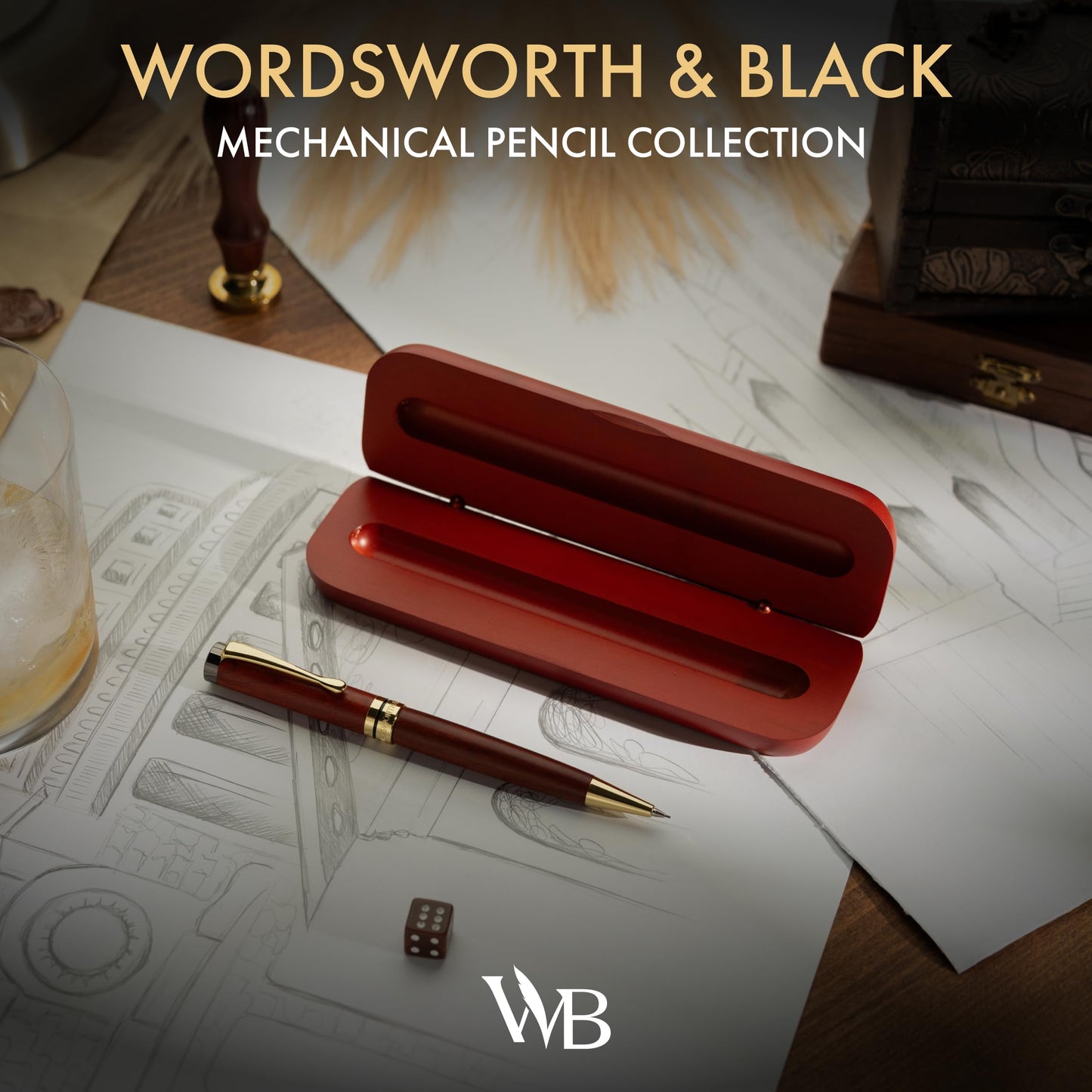 Wordsworth & Black Luxury Bamboo Mechanical Pencil Set – 0.7mm Precision Twist Advance – Writing, Drafting & Sketching for Architects & Engineers – 20 HB Led Pencils 0.7mm Pack, Gift Box [Rosewood]