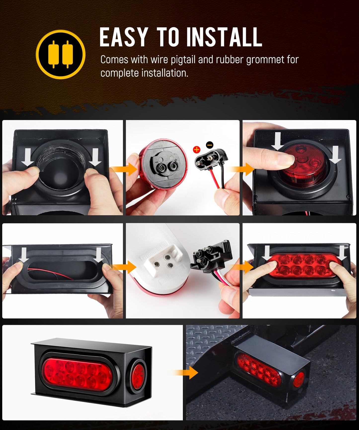 Partsam 2Pcs Steel Trailer RV Light Boxes Housing Kit w/ 6 Inch Oval Red Led Trailer Tail Lights 10LED and 2 Inch Red Round Led Side Marker Lights 4LED w/Grommets and Wire connectors