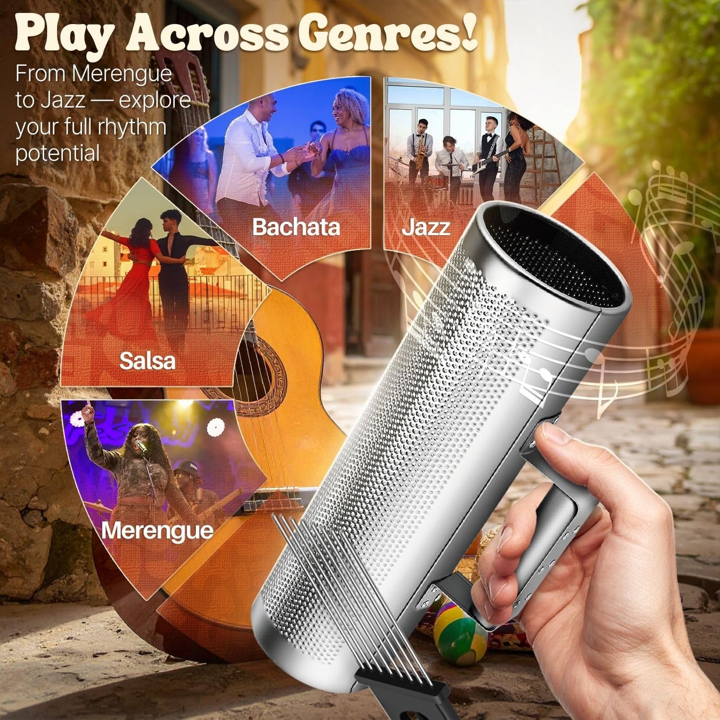 Flexzion Metal Guiro with Scraper Shack 4" x 12" - Merengue Guira Dominicana - Round Cylinder Stainless Steel Hand Musical Instrument Percussion for Jazz Bands, Concerts, and Live Performances