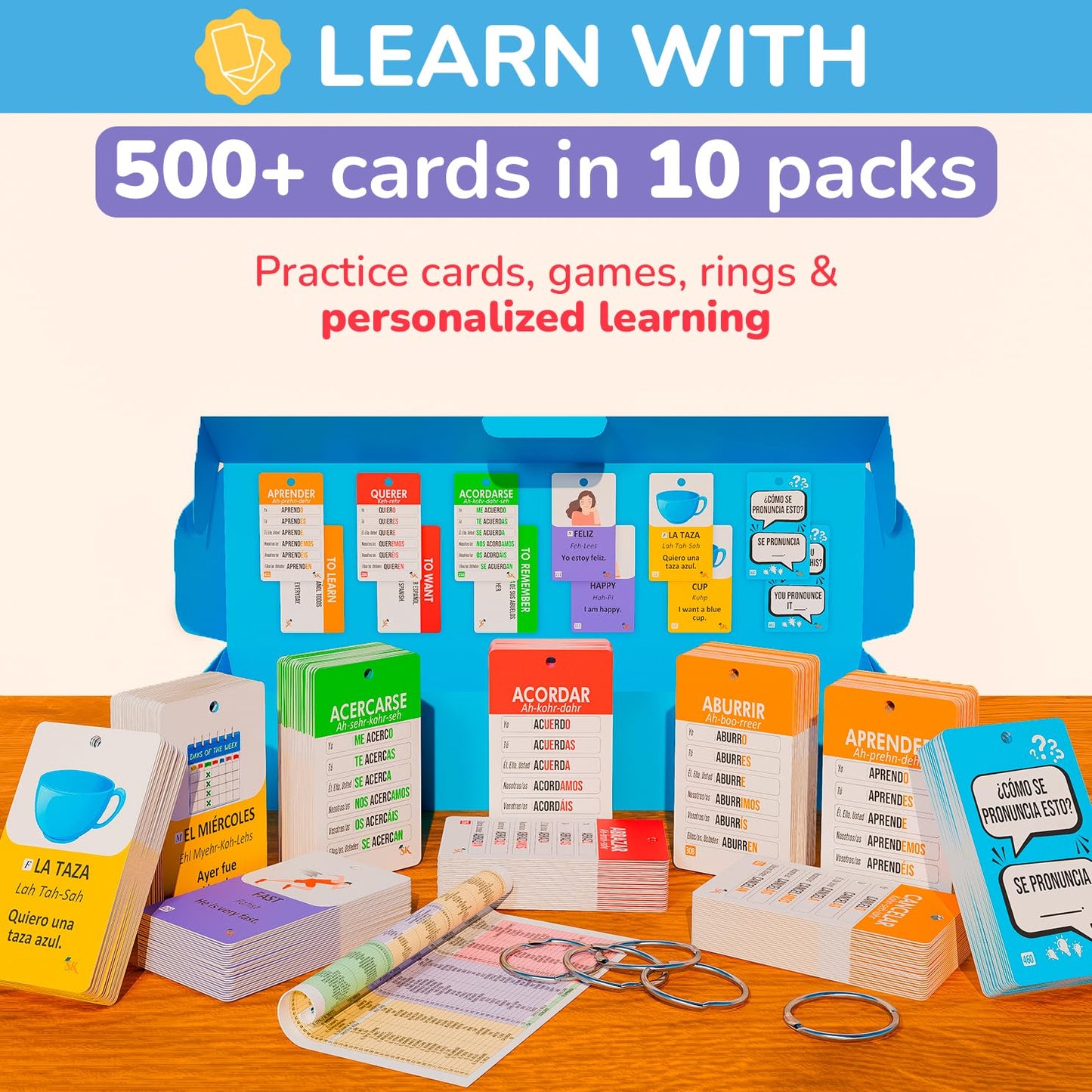 500+ English-Spanish Flash Cards for Adults and Kids 15+, Verb Conjugation, Nouns, Adjectives, and Phrases to Learn Spanish for Adult Beginners