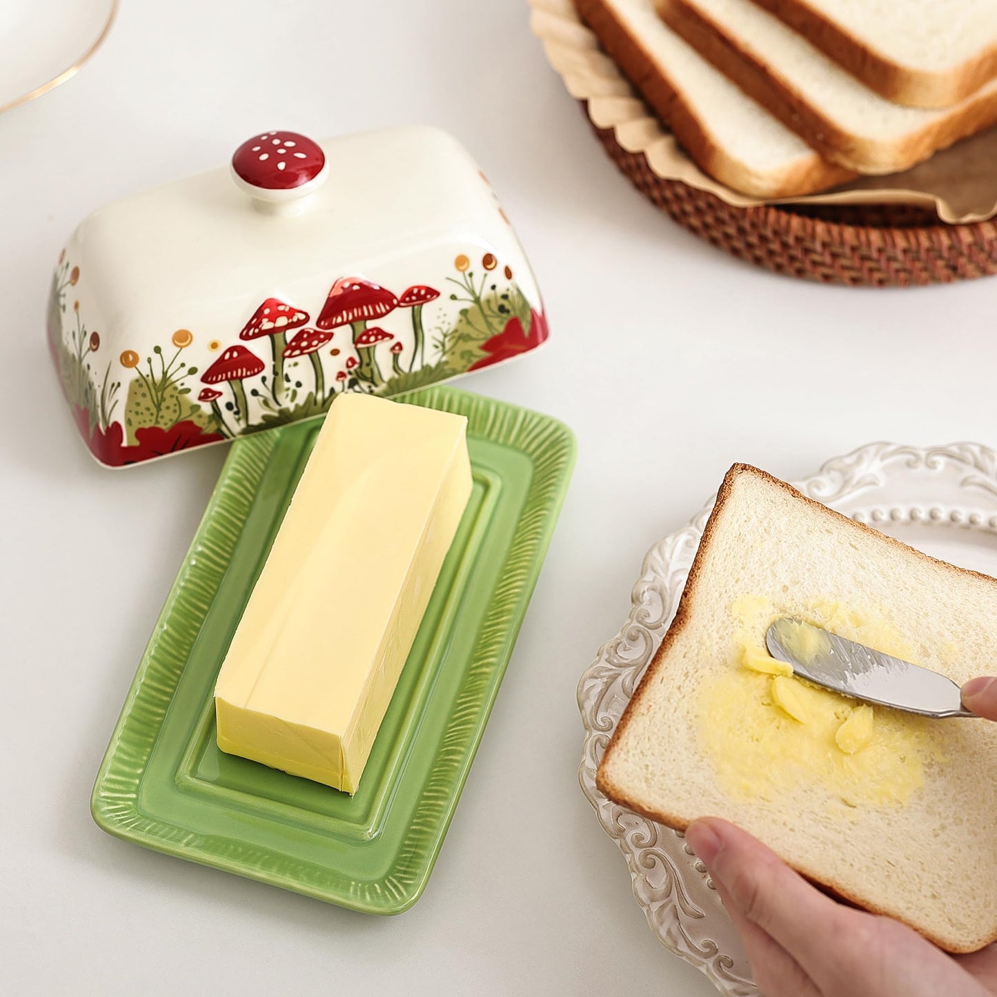 Fungi Fun Mushroom Butter Dish with Lid for Countertop Ceramic Butterdish, Red Mushroom Butter Container, Butter Tray Large Butter Dish Covered (White & Red Mushroom Butter Dish)
