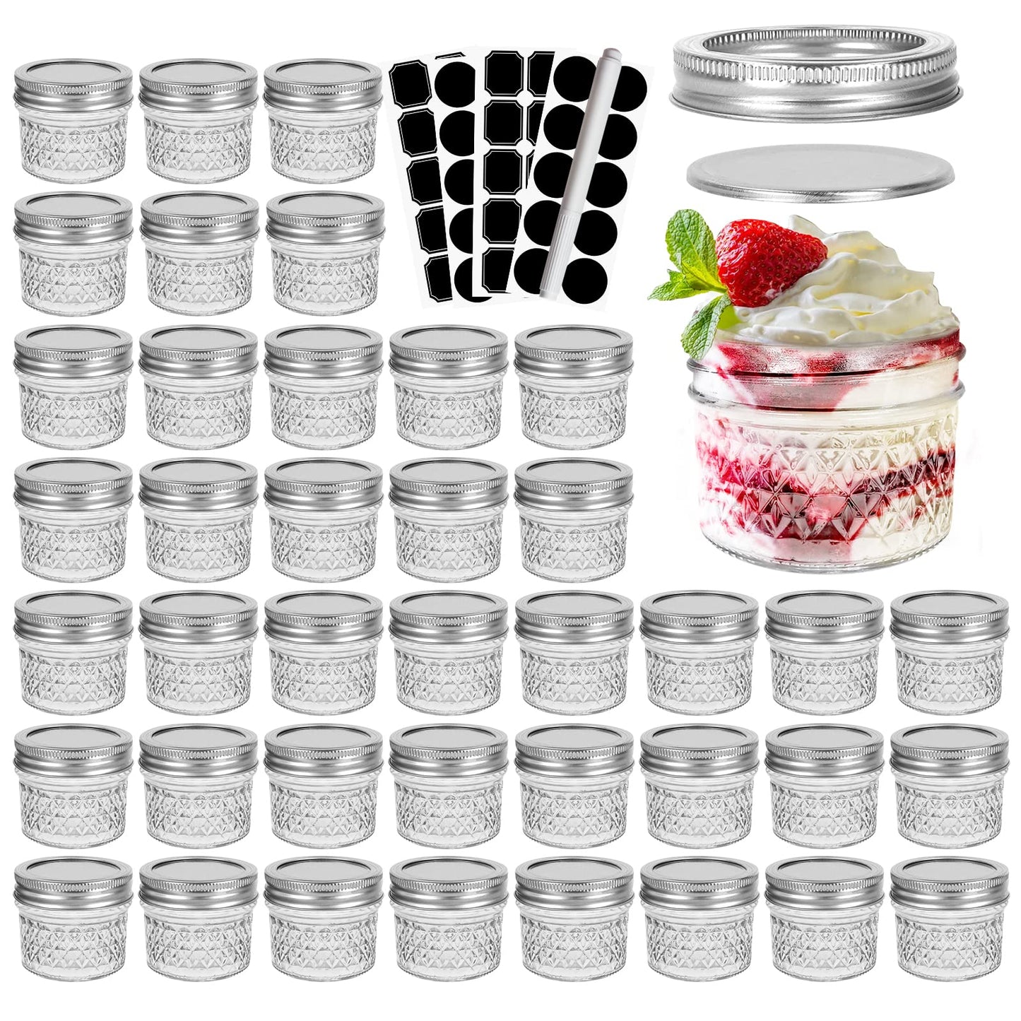 CycleMore 40 Pack 4oz 100ml Clear Glass Mini Mason Jars With Silver Separable Lids and Diamond appearance, Round Canning Jars for Spice, Honey, Jam, Jelly,Kitchen Food Storage