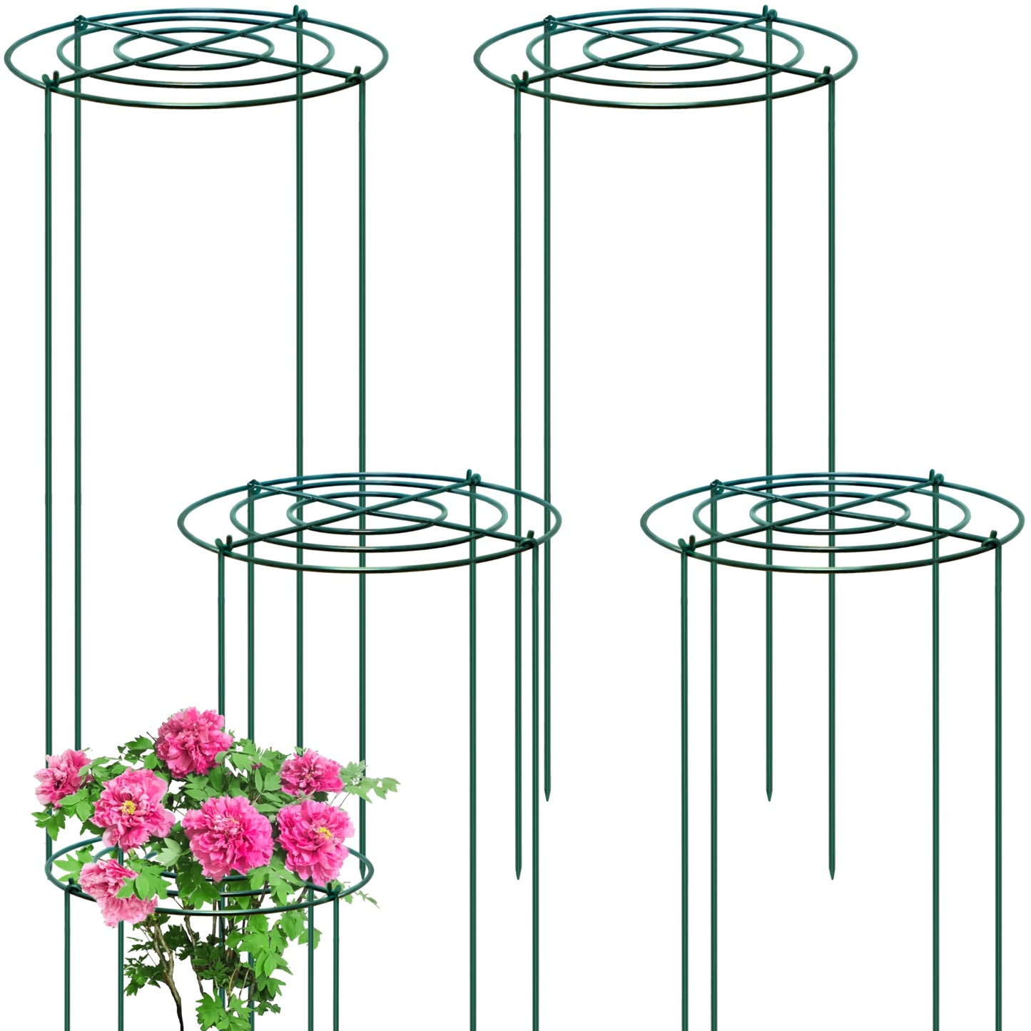 4 Pack Peony Cages and Supports 32" H x 14" D, Green Metal Rust-Proof Peony cage Round Cross-Concentric Frame & Removable 4 Legs (5mm Wire Rod) for Outdoor/interieur Plants,Rose,Hydrangea