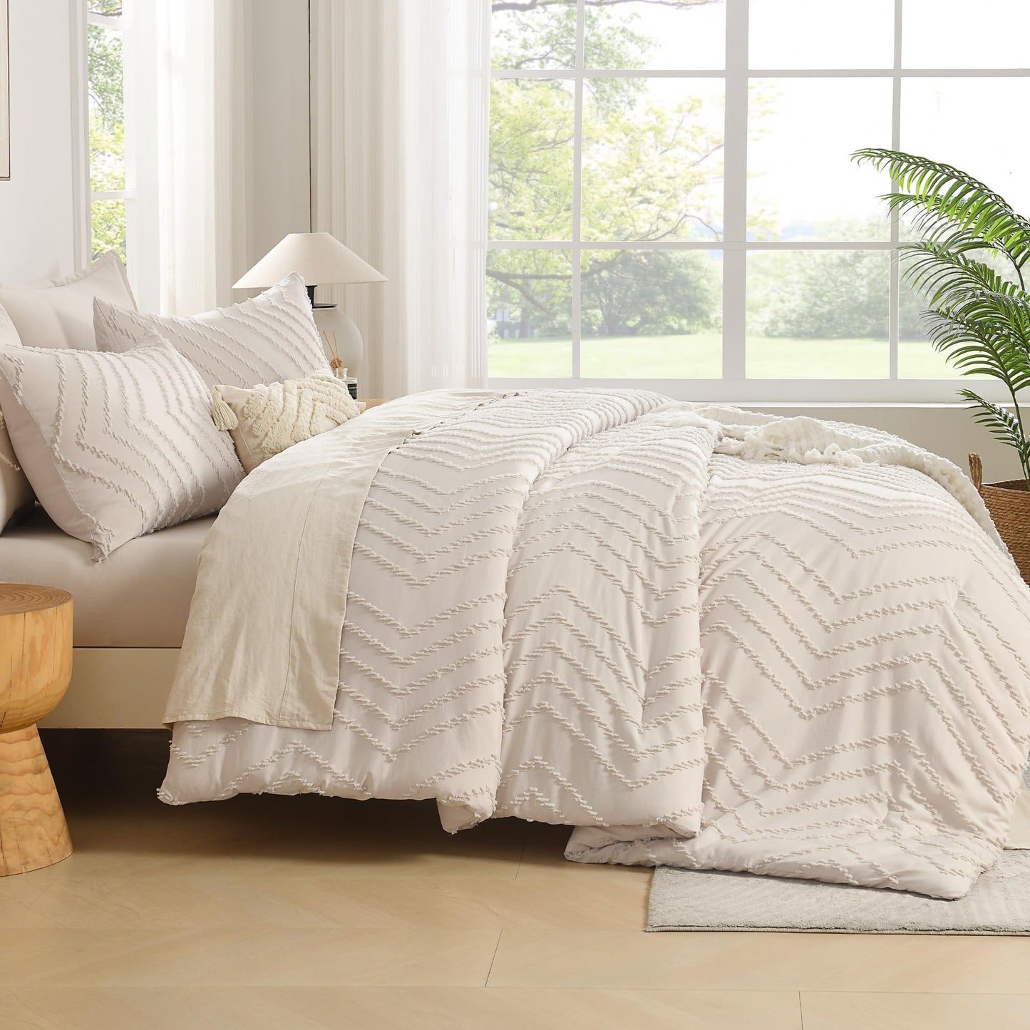 Andency Comforter Full Size Set, Beige Boho Cream Soft Warm Tufted Neutral Bedding Comforter Sets for Full Size Bed, 3 Pieces Aesthetic Chevron Farmhouse Cute Bohemian Textured Bedding Set