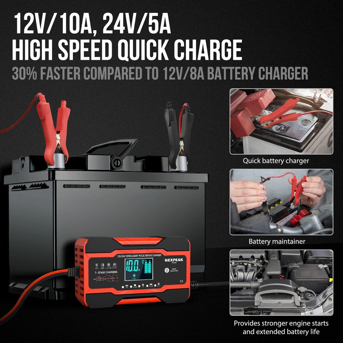 10-Amp Car Battery Charger, 12V and 24V Smart Fully Automatic Battery Charger Maintainer Trickle Charger w/Temperature Compensation for Car Truck Motorcycle Lawn Mower Boat Marine Lead Acid Batteries