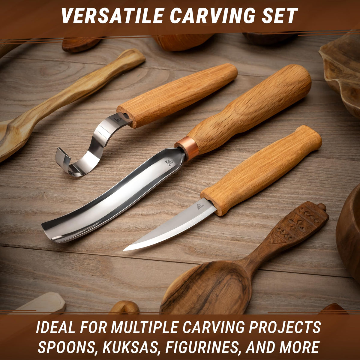 BeaverCraft Wood Carving Knives Kit Spoon Carving Tools S14 - Spoon Hook Knife Wood Carving Chisels Set Bowl Gouge - Whittling Knives Whittling Kit for Beginners - Hobby Knife Set
