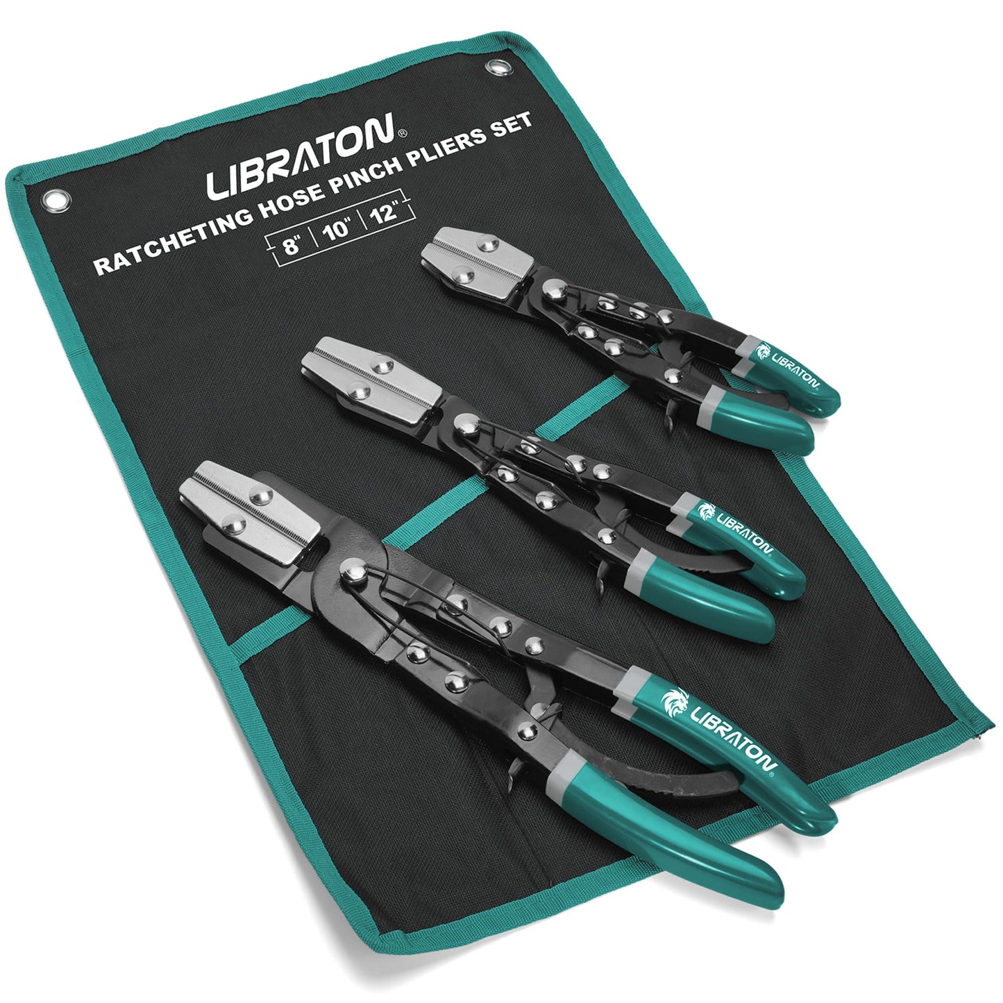 LIBRATON 3PCS Ratchet Hose Pliers Set, Automotive Pinch Pliers, Clamp Tool for Fuel, Flexible, Radiator Hoses - 8" 10" 12" With Storage Bag