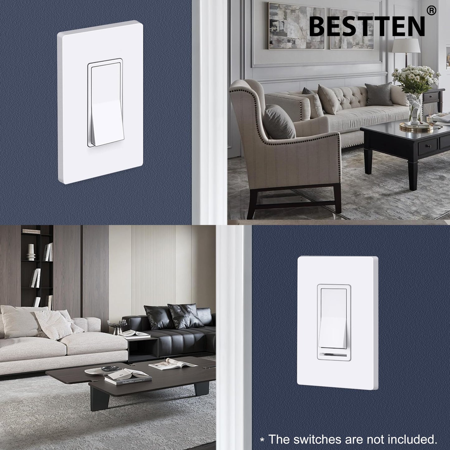 BESTTEN 20 Pack of 1-Gang Screwless Wall Plate, USWP6 Gloss Snow White Series, Decorator Outlet Cover, 11.91cm x 7.39cm, for Light Switch, Dimmer, GFCI, USB Receptacle