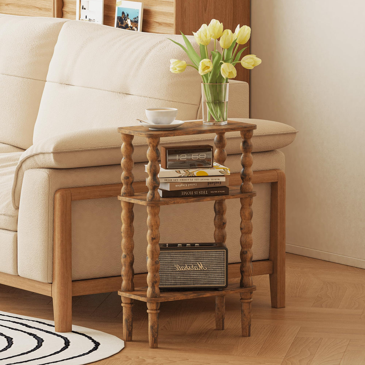 Veegle Side Table, Small End Table with Storage Shelf, 3-Tier Small Coffee Tables for Living Room Bedroom Narrow Spaces(Rustic Brown)