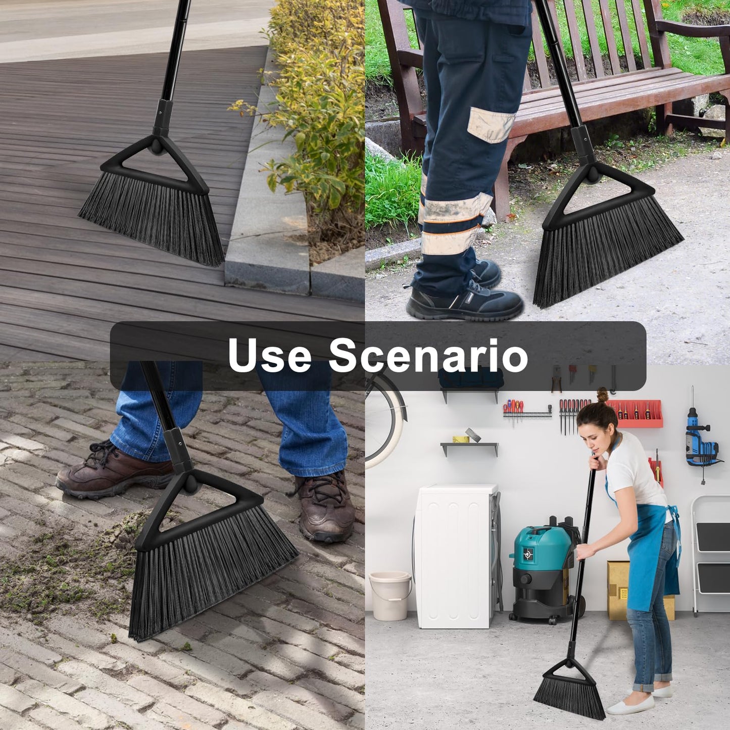 2PCS Heavy Duty Broom, Brooms for Sweeeping Indoor, Angle Broom with Long Pole, Outdoor Broom for Courtyard Garages Slidewalk, Indoor Broom for Kitchen Lobby Canteen, Black (2Black)