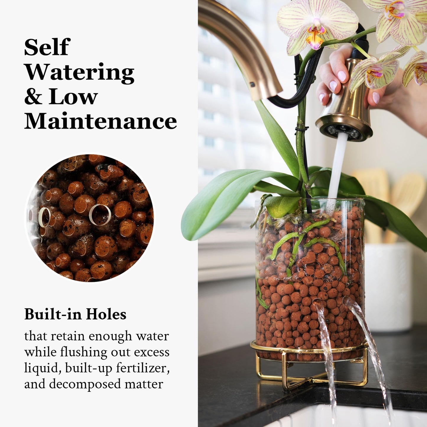 Pot & Pebble - C9 Glass Planter with Decorative Metal Base - Plant Propagation Station with Water Level Control - Plant Cutting Holder for LECA Clay Pebbles/Similar Media - Semi Hydroponic Planter