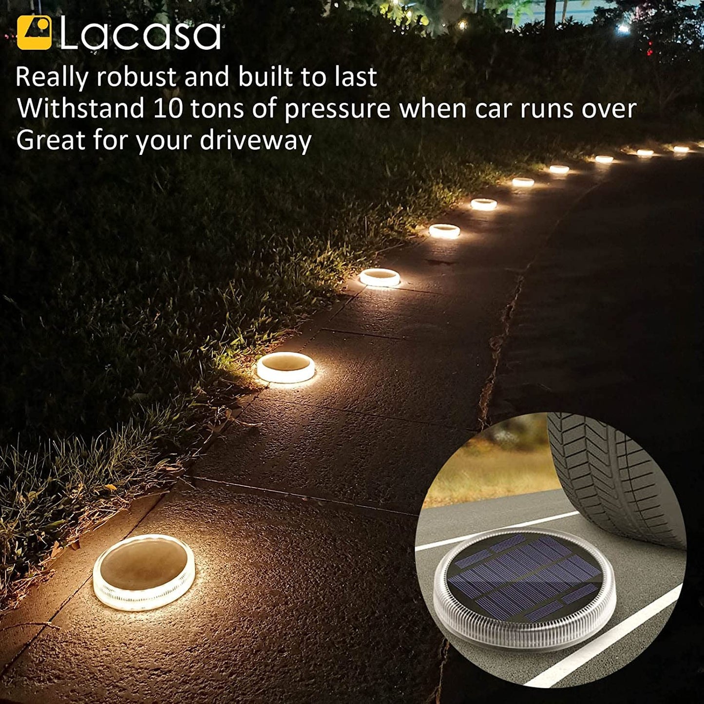 Lacasa Solar Deck Lights, 4 Pack Solar Powered Step Lights LED Dock Driveway Walkway Lights, IP68 Waterproof Auto ON/Off Solar Outdoor Landscape Lighting for Garden Stairs Pathway, Warm White 3000K