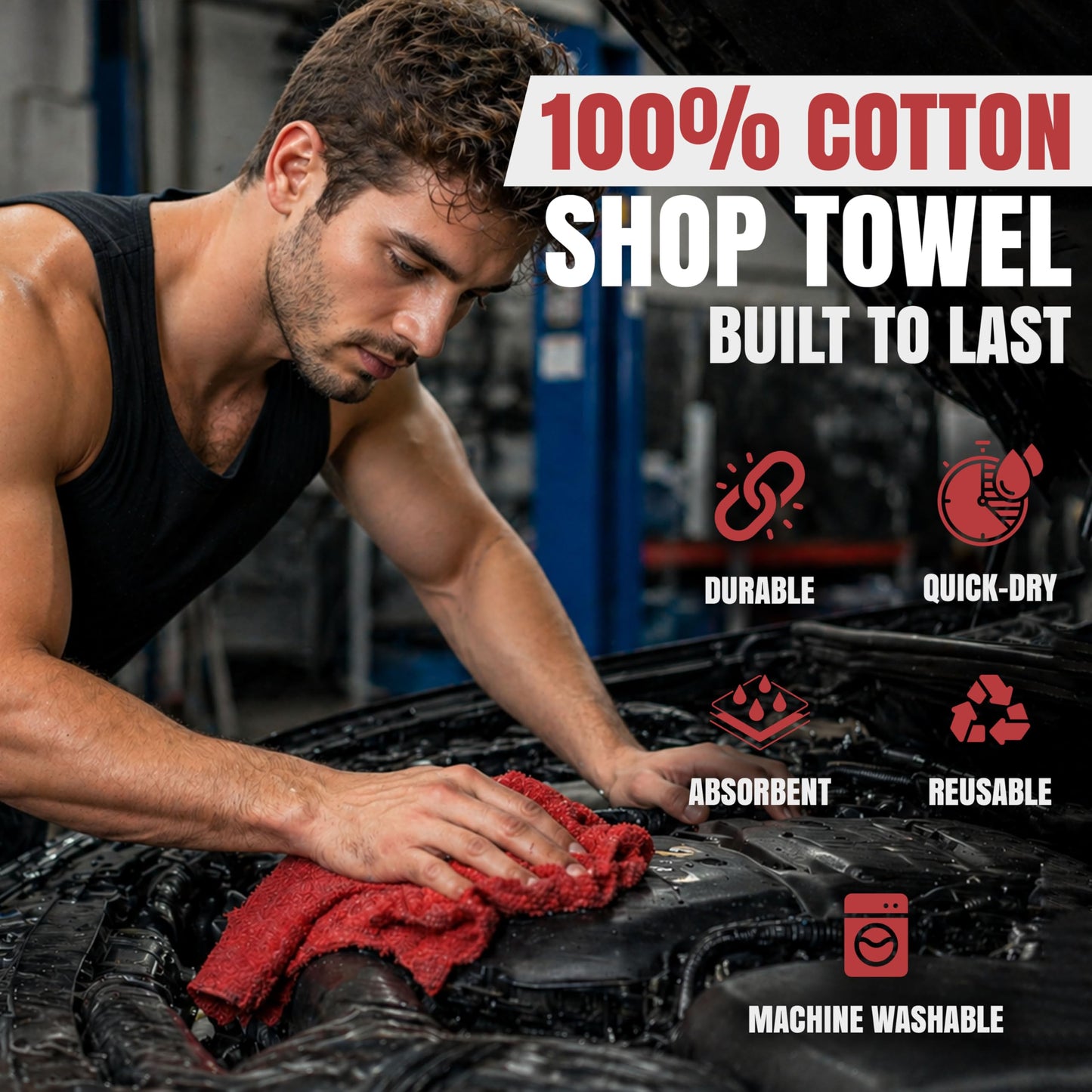 SupremePlus Shop Towels (Red, 25-Pack) - Bulk Cleaning Towel in a Bag, Mechanic Cotton Wipes for Car Maintenance, Auto Mechanics & Garage, Wipe Grease & Oil, Machine Wash & Reusable