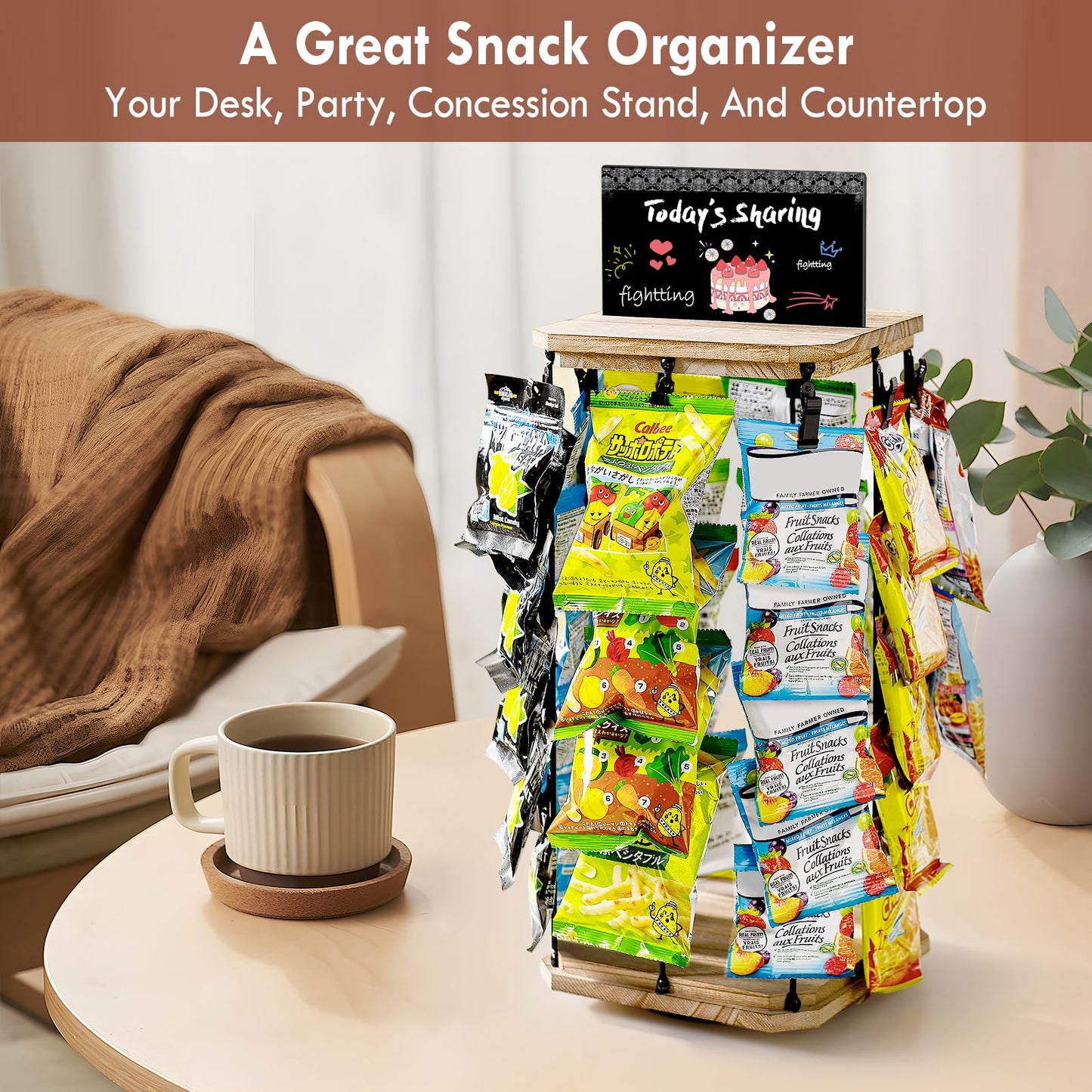 Pinzoveco Chip Rack Display Stand, 5 Tiers 40 Clips Snack Organizer for Office Desk, 360° Wooden Base Chip Holder Candy Display for Concession Stand, Countertop, Party, With Message Board
