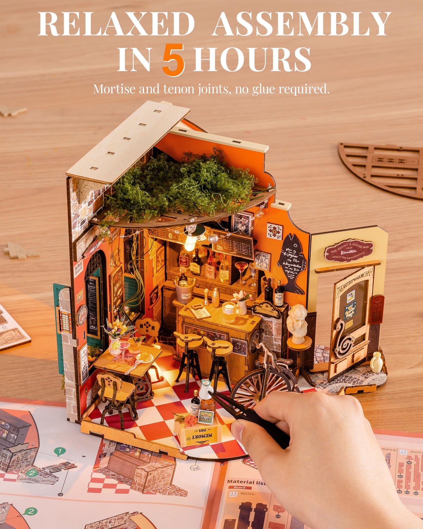 Rolife DIY Miniature House Kit for Adults, Mini Wooden Dollhouse Kit, Tiny House Diorama Building Kits-Birthday Christmas Craft Hobbies Gift for Teens Kids (Cheers Bar & Dining)