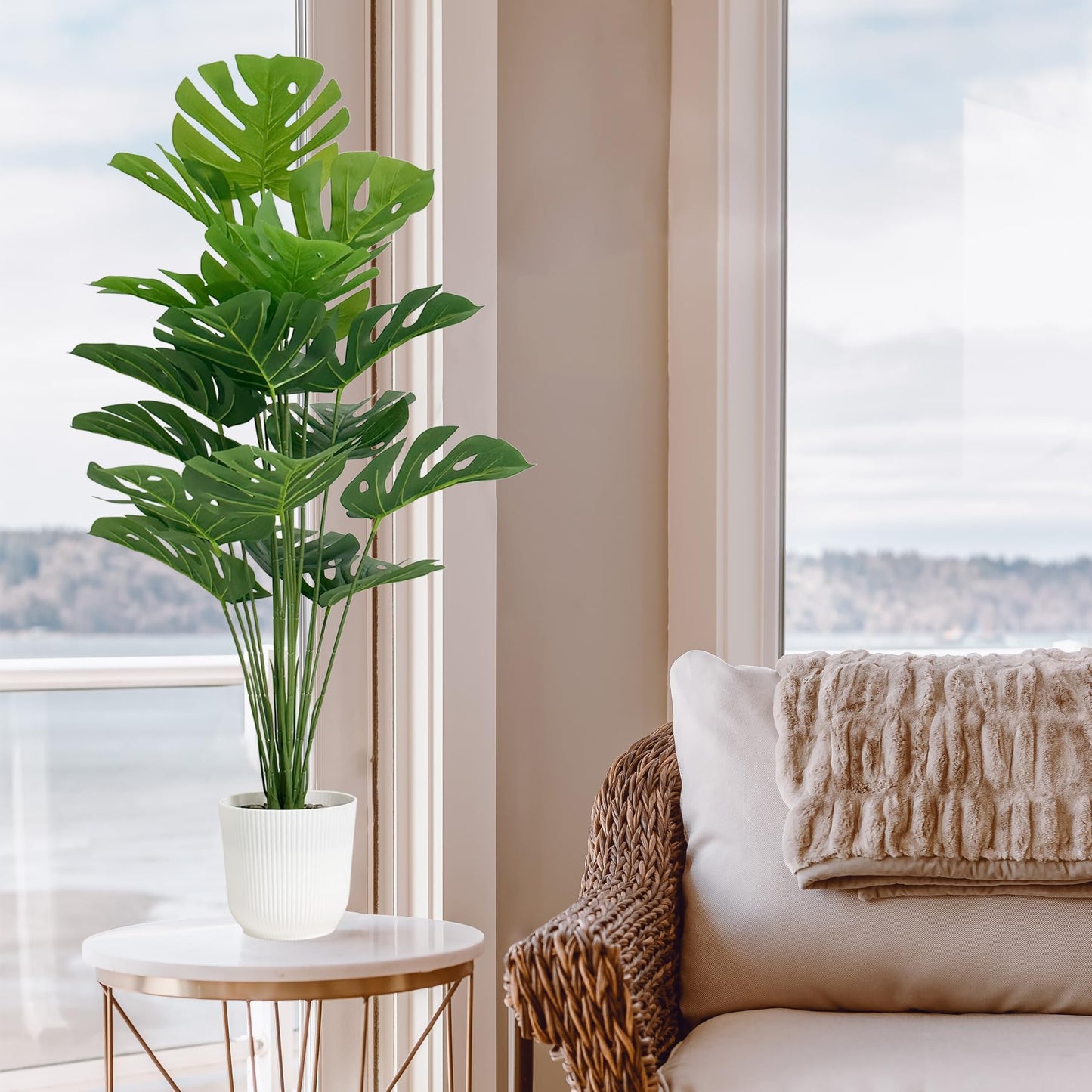 SAJANDAS Set of 2 Artificial Monstera Deliciosa Plants in Pots, Fake Tropical Trees with Greenery Leaves Stems, 32 Inch Faux Swiss Cheese Floor Plants for Porch, Garden, Store, Office, Home Decor