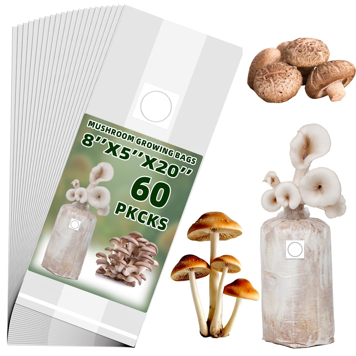 TonGass 60-Pack Autoclavable Mushroom Growing Bag Bulk with Microporous Filter Patchs - Large 8"x5"x20" Extra Thick 80 Micron (=3 Mil)| Mushroom Cultivation Spawn Supply Myco Bag Bulk Substrate Bags
