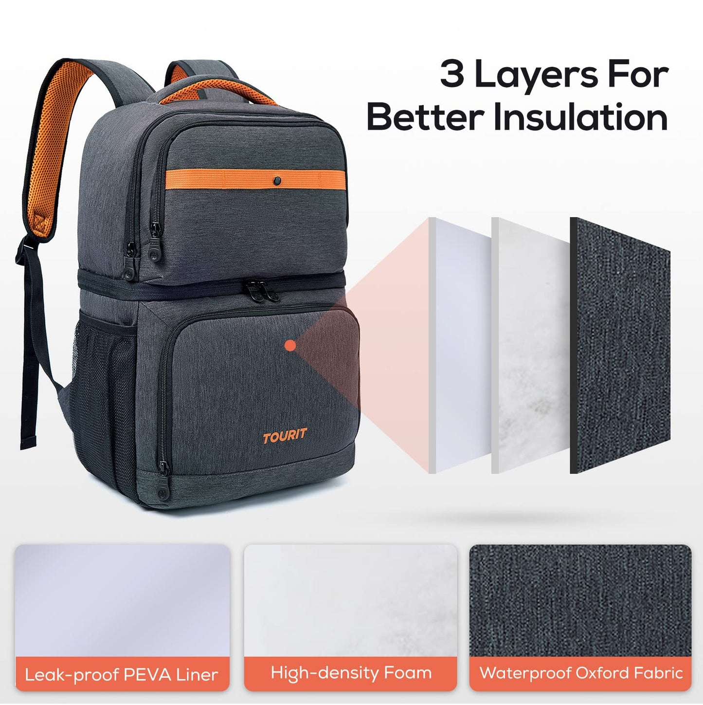 TOURIT Backpack Cooler with Double Decks, Insulated Cooling Bag for Lunch,Waterproof Lightweight for Men to Camping, Picnic, Hiking, Beach Park, Dark Grey