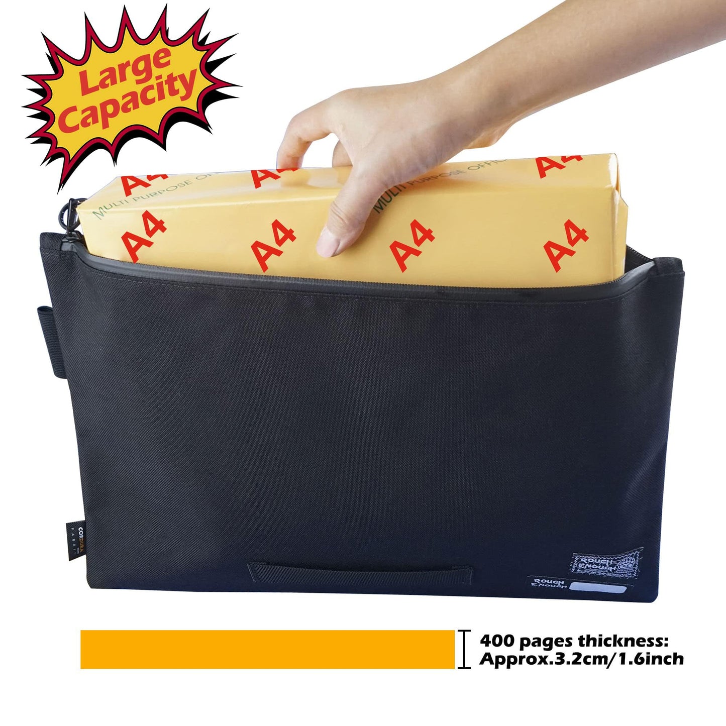 Rough Enough Big Document File Folder Organizer Holder Bag Pouch A4 Paper Letter Manila Size Case Large Carry Legal Notebook Storage for Filing with Zipper Handle Pen Loop Waterproof Black