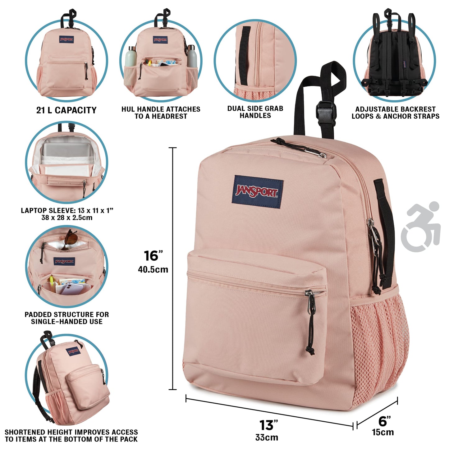 JanSport Central Adaptive Backpack – Wheelchair & Walker Compatible, Tuck-Away Shoulder Straps, Adjustable Backrest Loops & Anchor Straps, Misty Rose