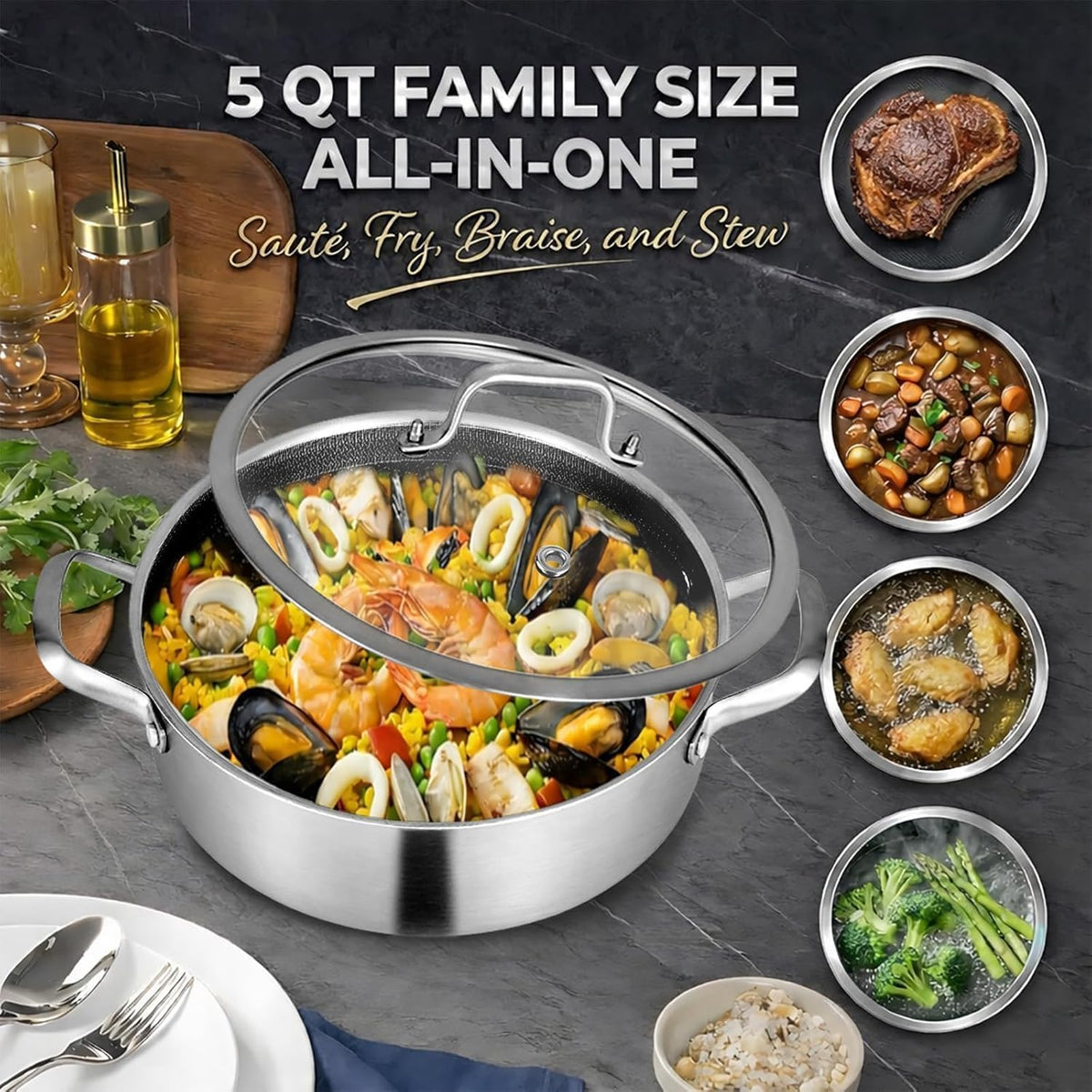 Inqibee 5 QT Hybrid Tri-Ply Stainless Steel Ceramic Non Stick Sauté Pan with Lid, 11 Inch Deep Frying Pan Cookware, Induction Compatible, All Cooktops, Oven & Dishwasher Safe