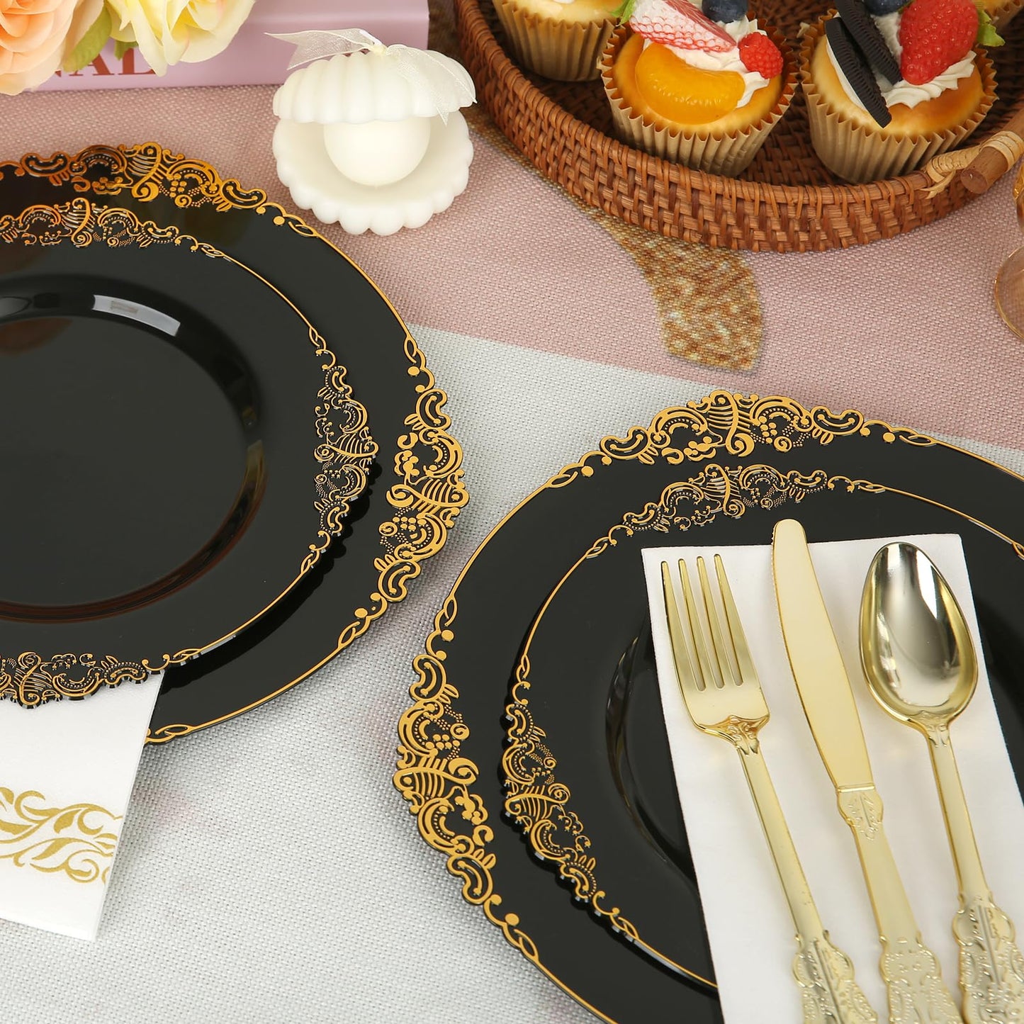 175PCS Black Plastic Plates Gold and Black Plates Heavy Duty Gold Plastic Dinnerware for 25 Guests with Gold Silverware Cups, Napkins for Parties & Birthday