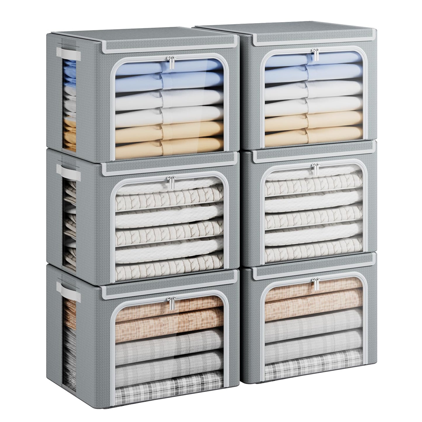 Yecaye 6 Pack Clothes Storage Bins with Metal Frame, 40L Foldable Storage Bin for Clothes, Stackable Metal Frame Storage Box with Lid, Linen Fabric Box Organizer with Clear Window & PU Handles,Grey