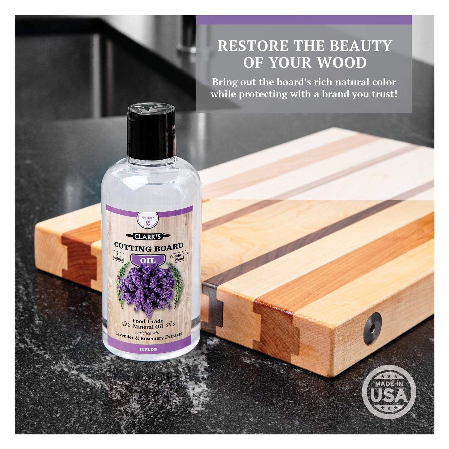 CLARK'S Complete Cutting Board Care Kit - Board Oil - Soap - Wax Finish (6oz) - Wax Applicator Pad - Applicator - Scrub Brush - Finishing Pad - Lavender and Rosemary Scented - Cutting Board Kit