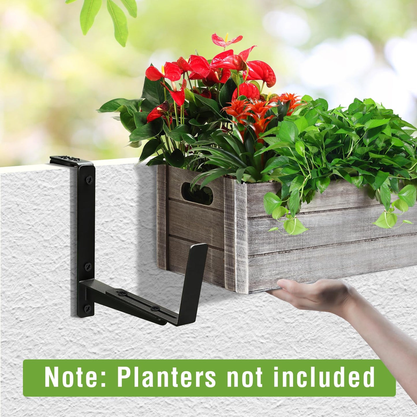 NouraVita Window Box Brackets, Adjustable Hanging Railing Planter Box Brackets, Heavy Duty Wall Mount Iron Flower Box Holder for Outdoor Windowsill, Balcony, Garden, and Fence (4 Pack)
