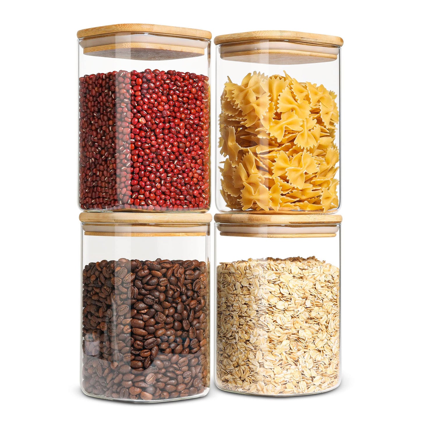ComSaf Airtight Glass Storage Canister with Wood Lid 1.1L Set of 4, Clear Food Storage Container Jar with Sealing Bamboo Lid for Noodles Flour Cereal Rice Sugar Tea Coffee Beans