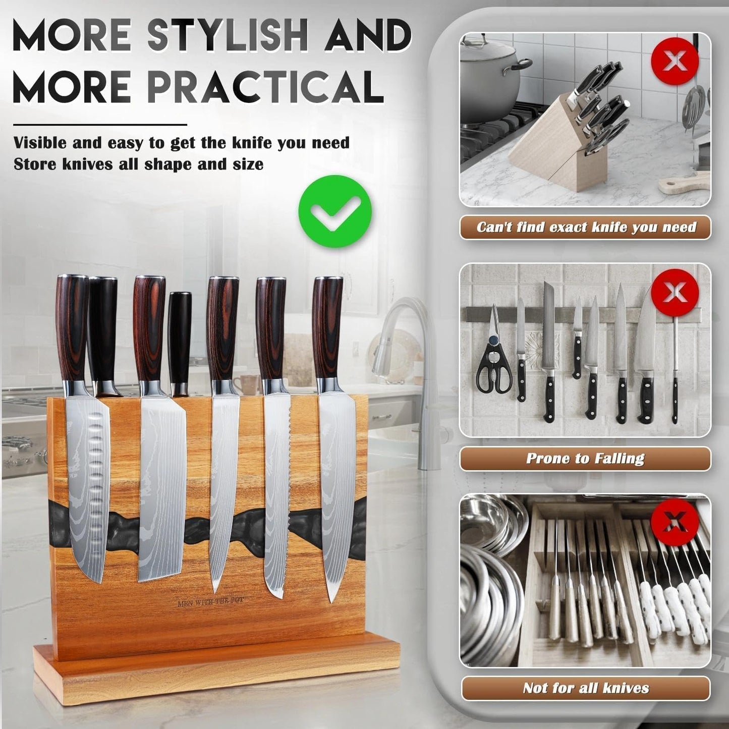 Men with THE Pot 13 x 10 Inches Magnetic Knife Block, Double Sided Powerful Wood & Black Flow Pattern Magnetic Kitchen Knife Holder Stand, Knife Storage Organizer, Cooking Gifts for Men Dad