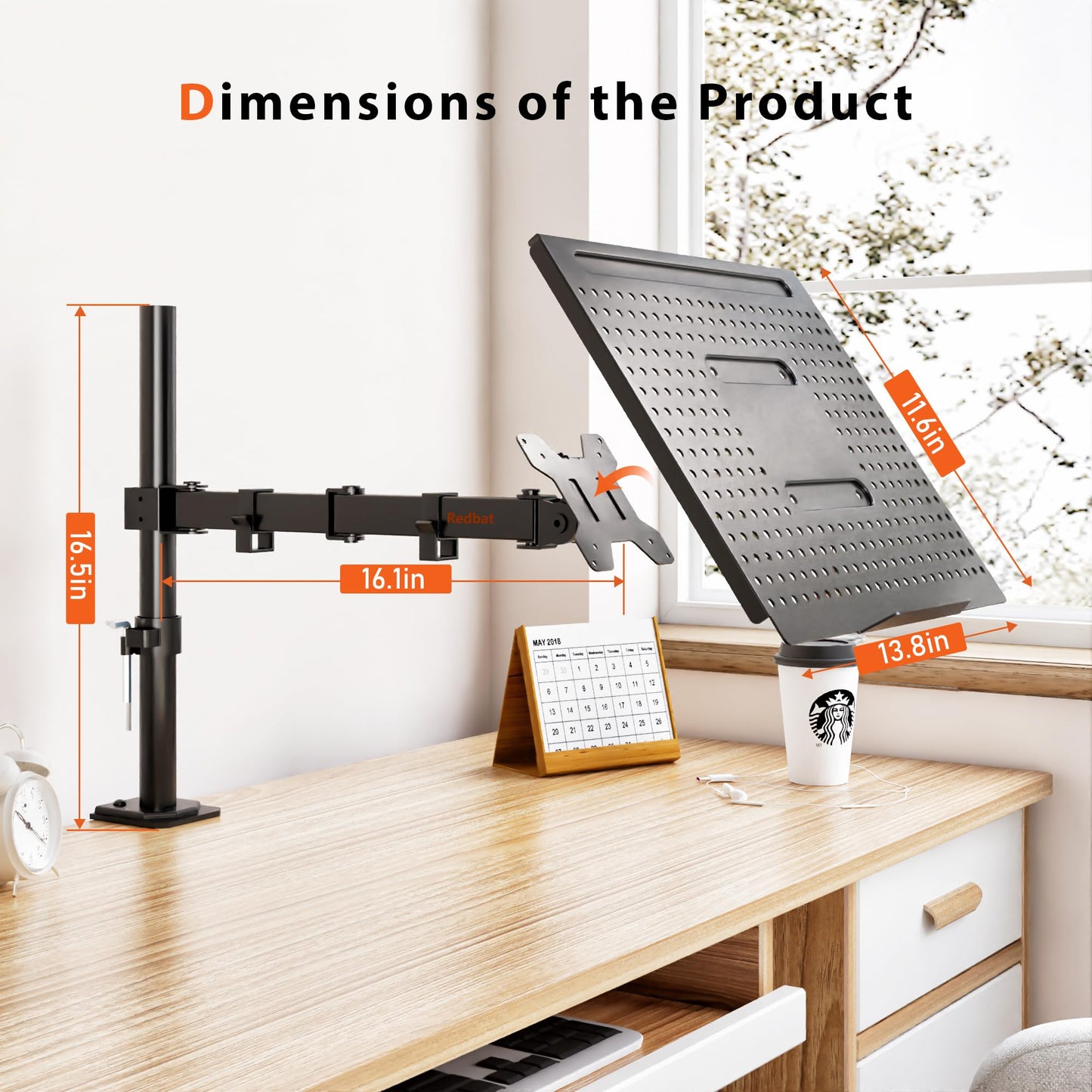 Redbat Laptop Arm for Laptop/Notebook up to 17 inch, Height Adjustable Laptop Arm for Desk Weight up to 22lbs, Laptop Mount with 2 Mounting Options, VESA 75/100 for Monitor 13-32 inch, Black