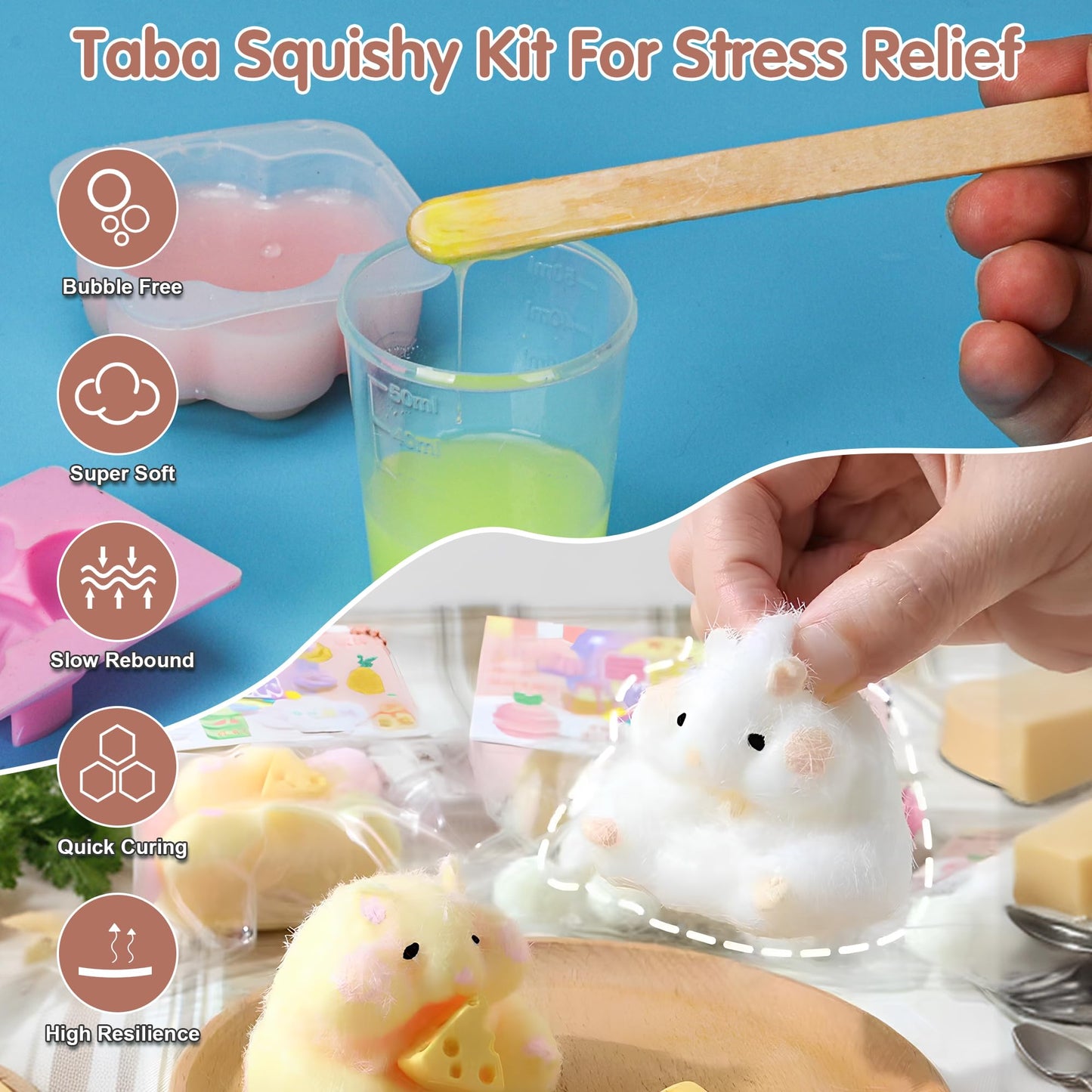 Starry Taba Squishy Kit Set 500g Taba Squishy Making DIY Kit with 1:1 AB Liquid Silicone Faster Fully Cures Bubble Free with 6 Molds, Flocking Powder for Stress Relief Gift